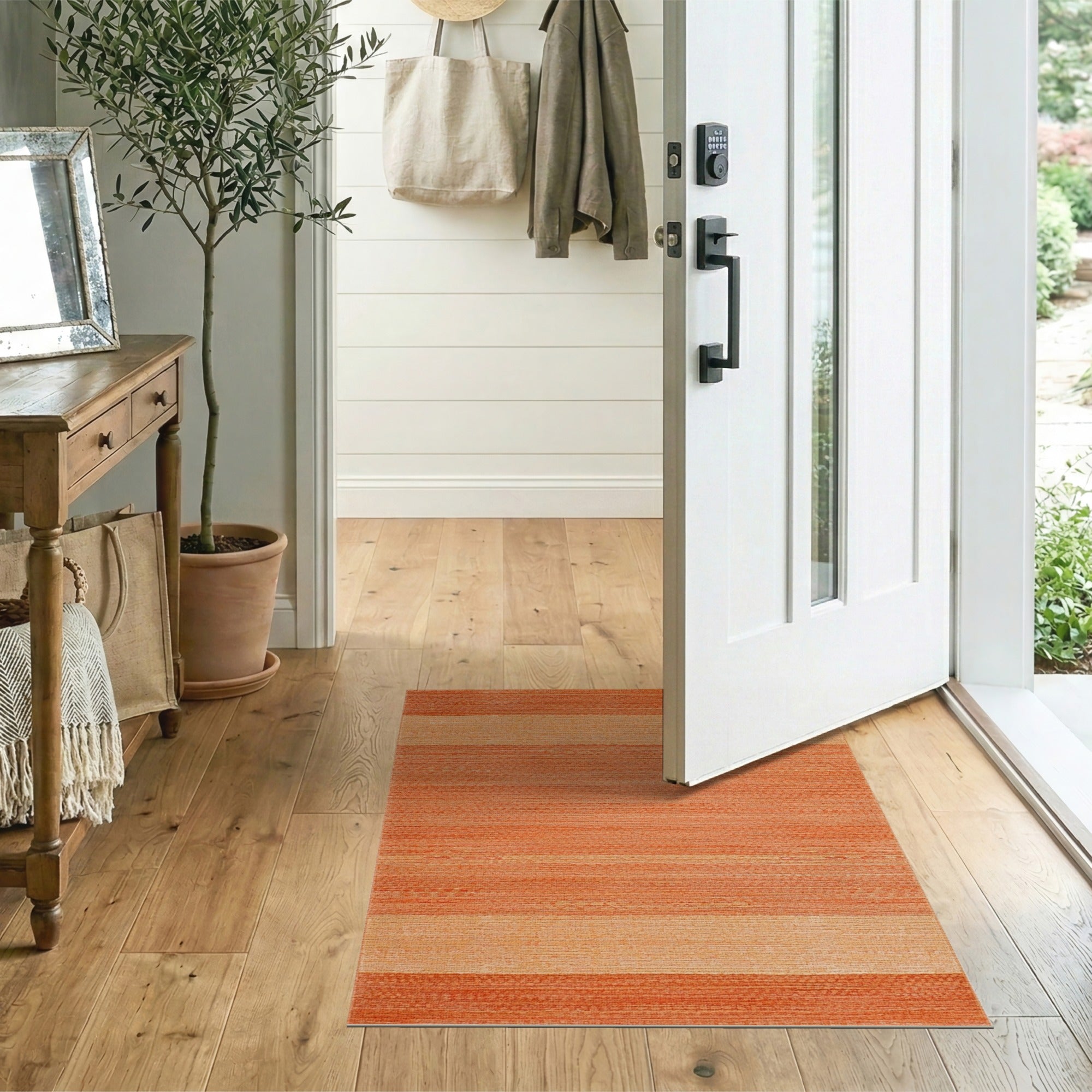 Orange Horizontal Stripe Distressed Area Rug