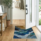 Golden Sun Over Layered Teal Waves Abstract Rug