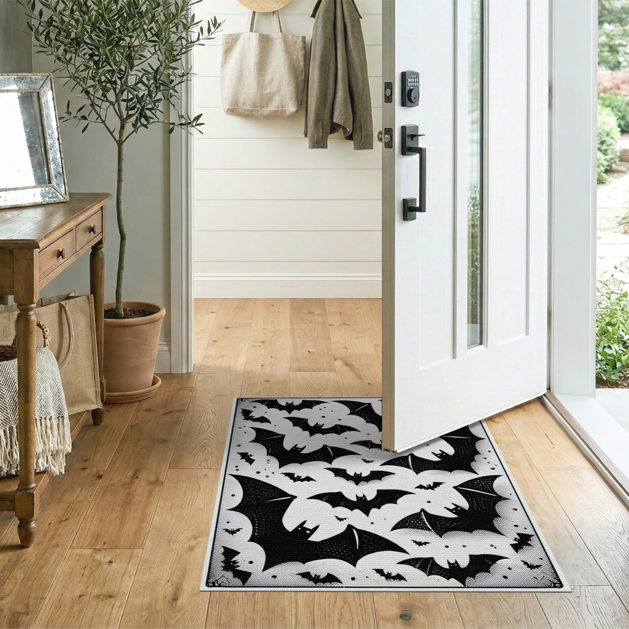 Distressed Black White Bats Swarm Area Rug