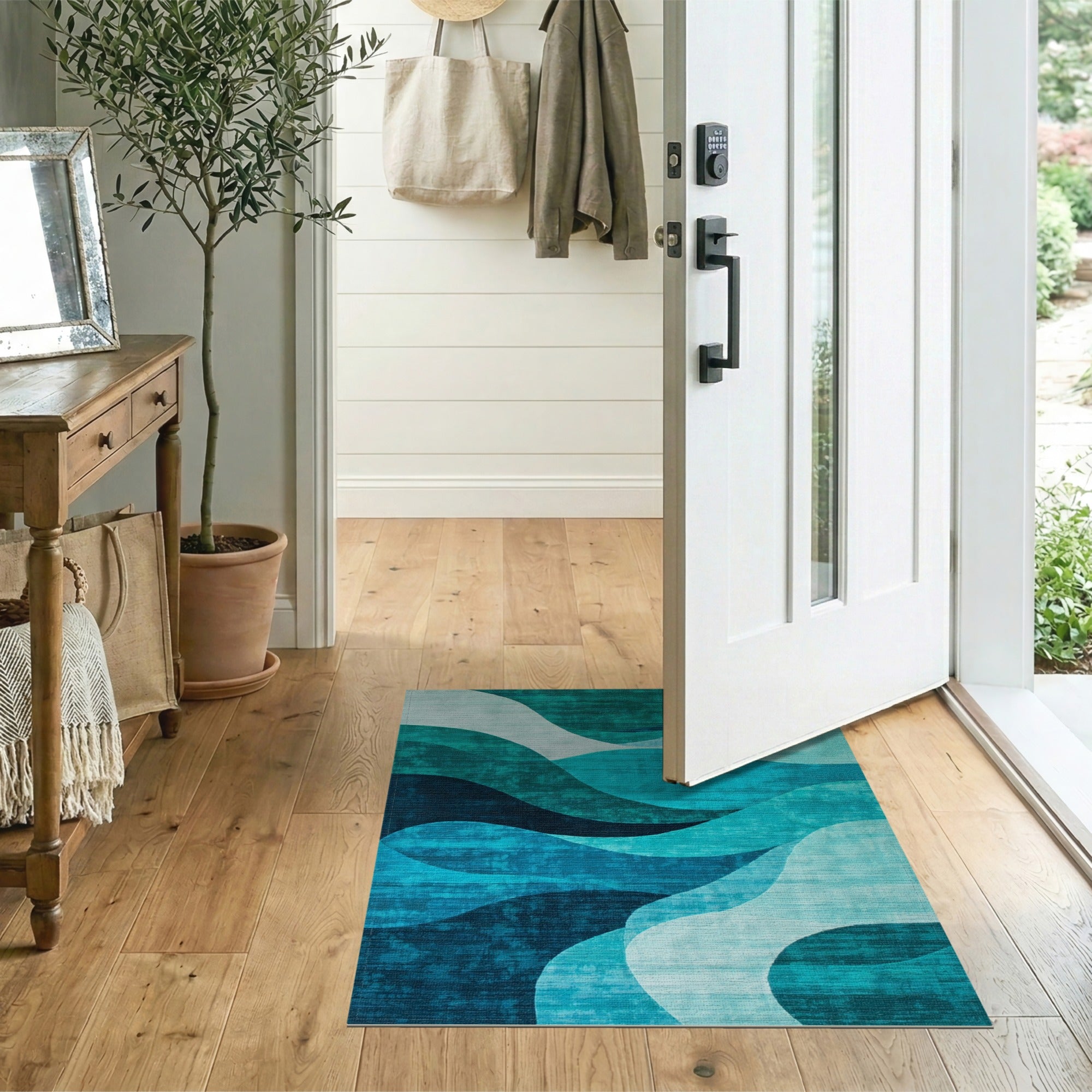 Blue and Teal Abstract Area Abstract Blue Teal Wave Area Rug
