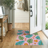 Pink Tropical Palm Leaves and Hibiscus Flower Rug