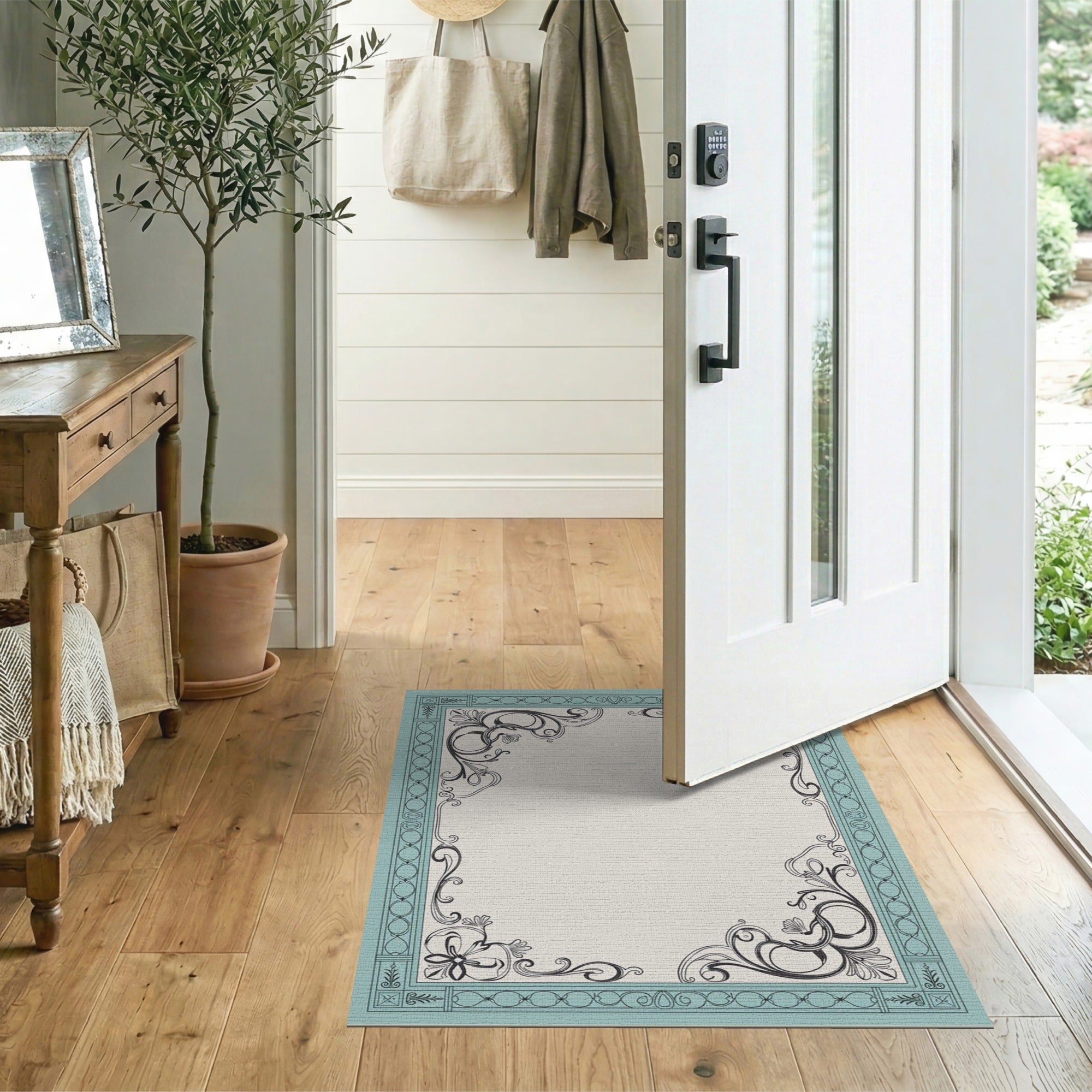 Ornate Teal Floral Border Floral Vintage Area Rug