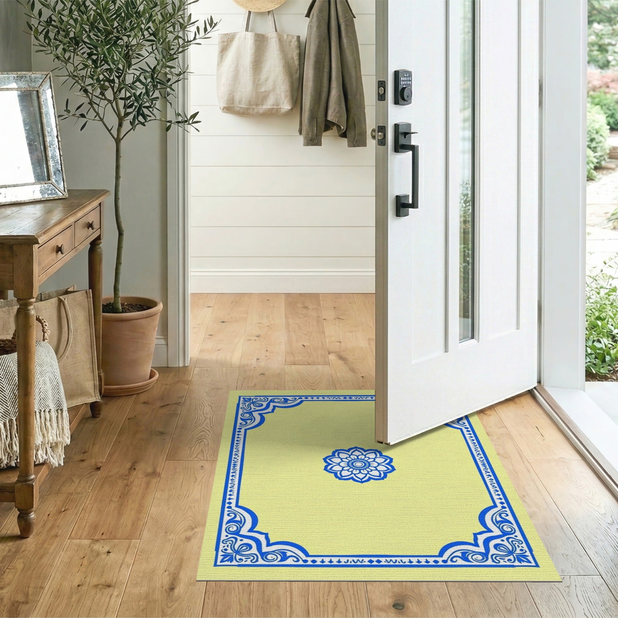 Blue Lotus Mandala Area Rug with Ornate Border