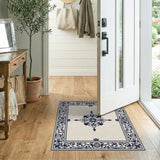 Beige and Neutral Ornate Navy Border Beige Area Rug