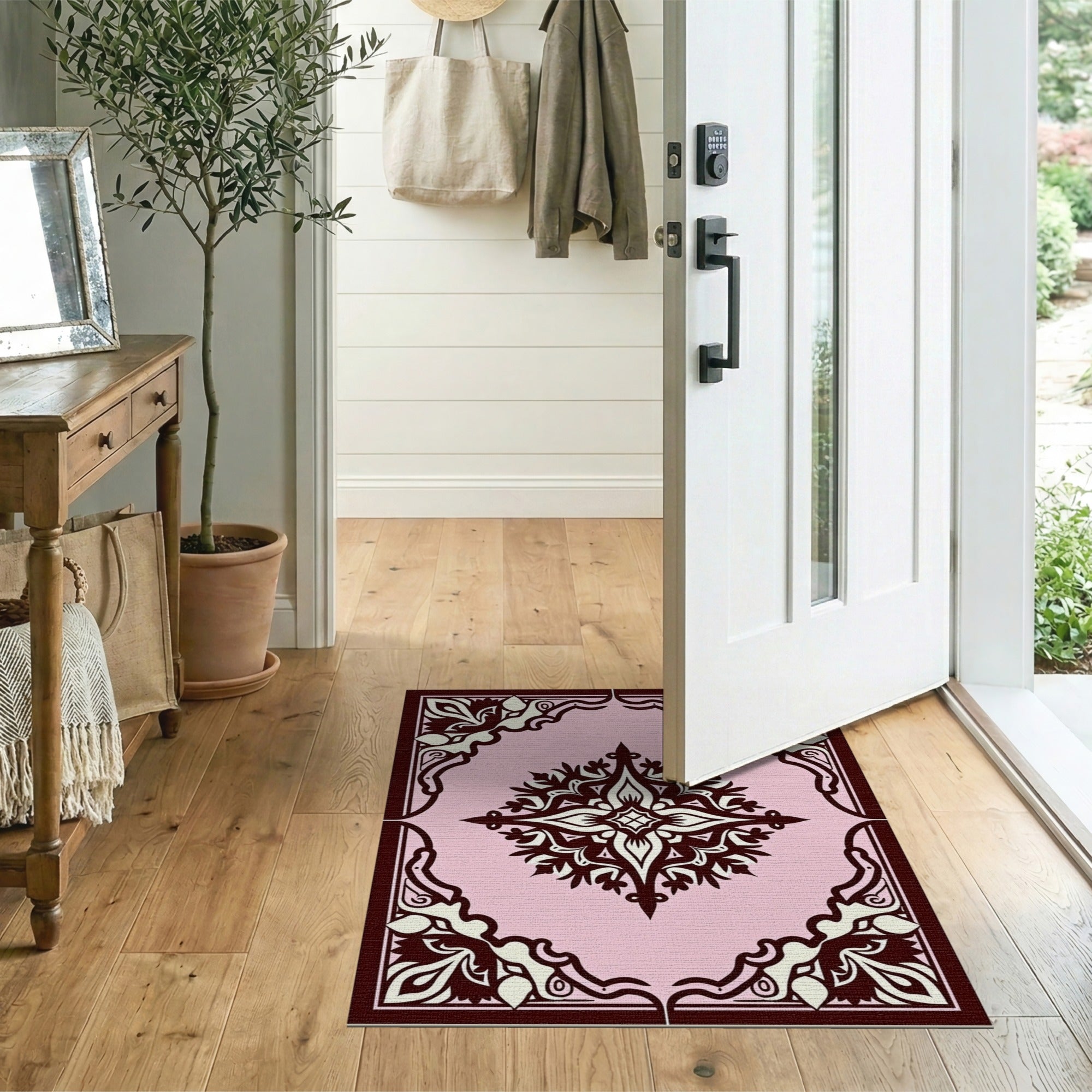 Pink Floral Vintage Mandala Area Rug with Ornate Borders