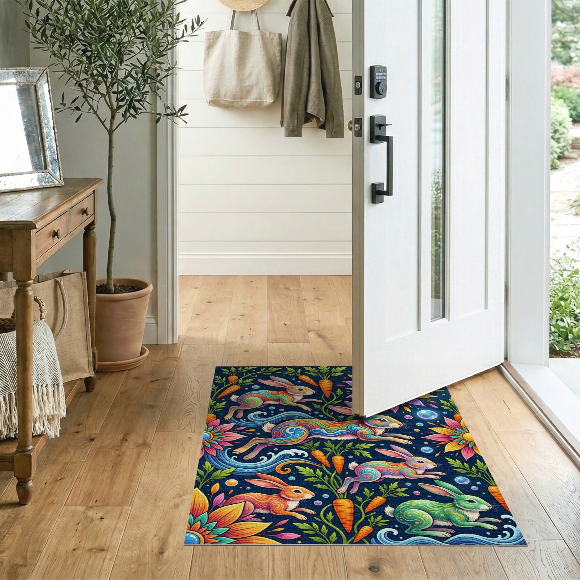 Vibrant Rainbow Rabbits and Carrot Garden Rug