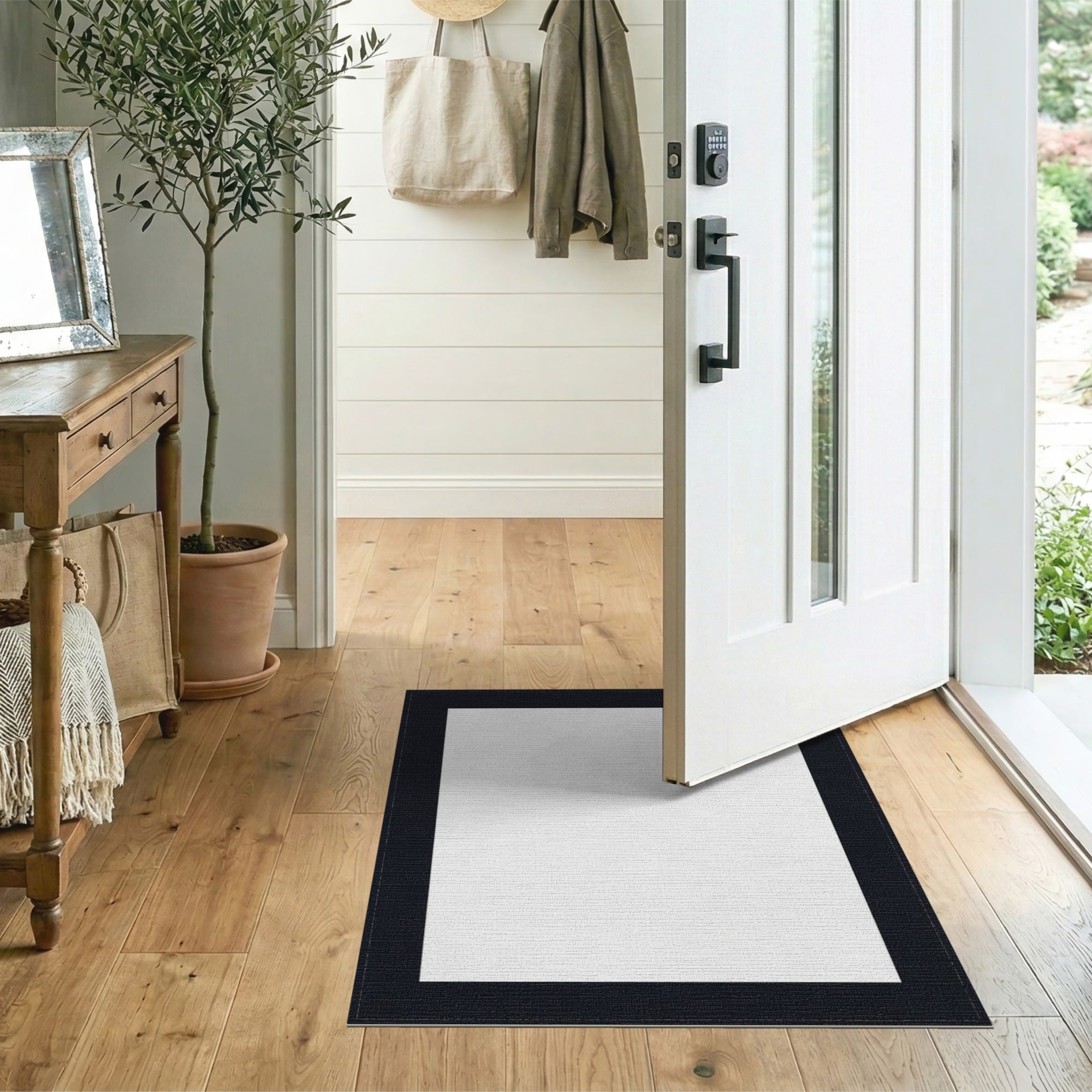 Washable Black and White Bordered Area Rug