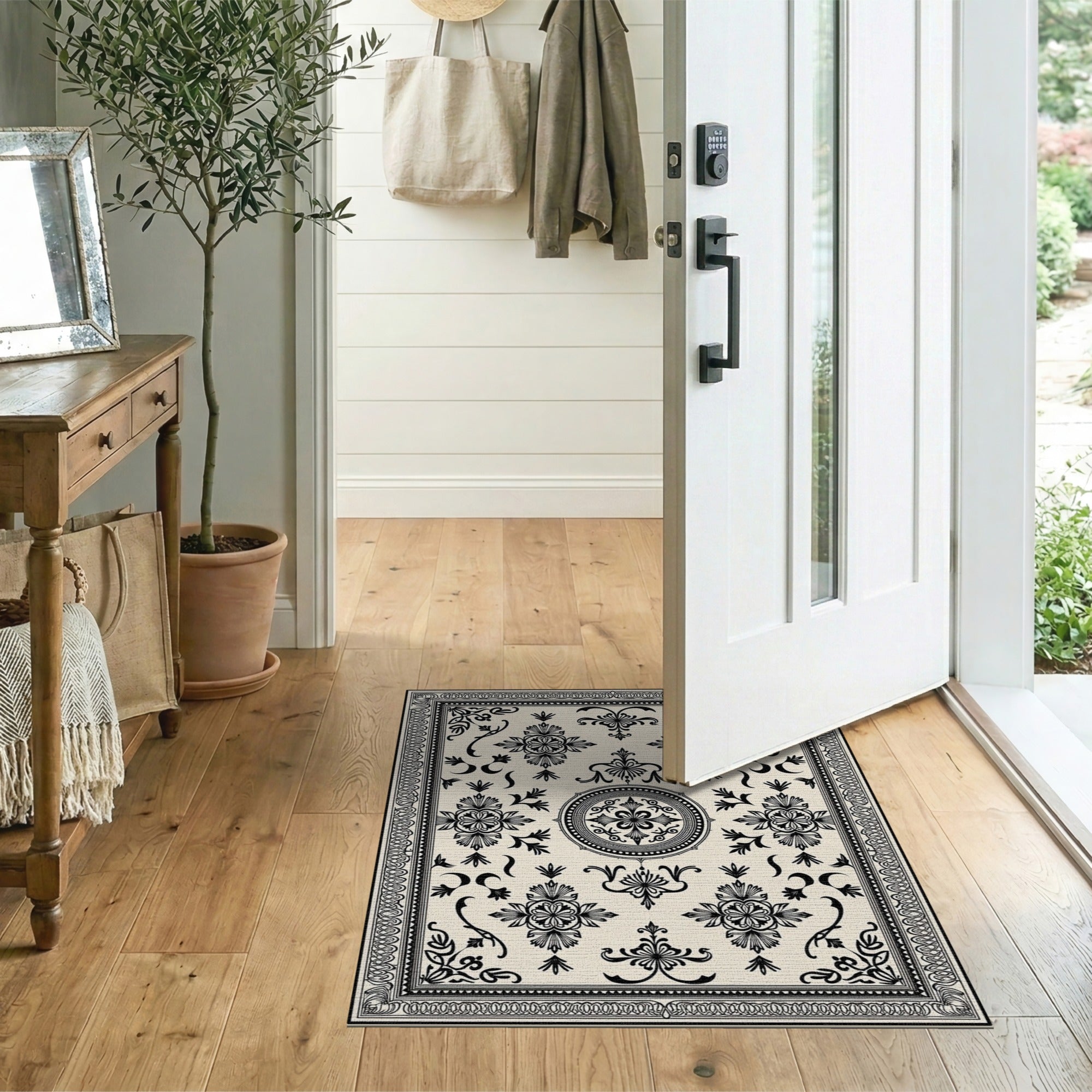 Washable Vintage Black and Cream Damask Medallion Area Rug