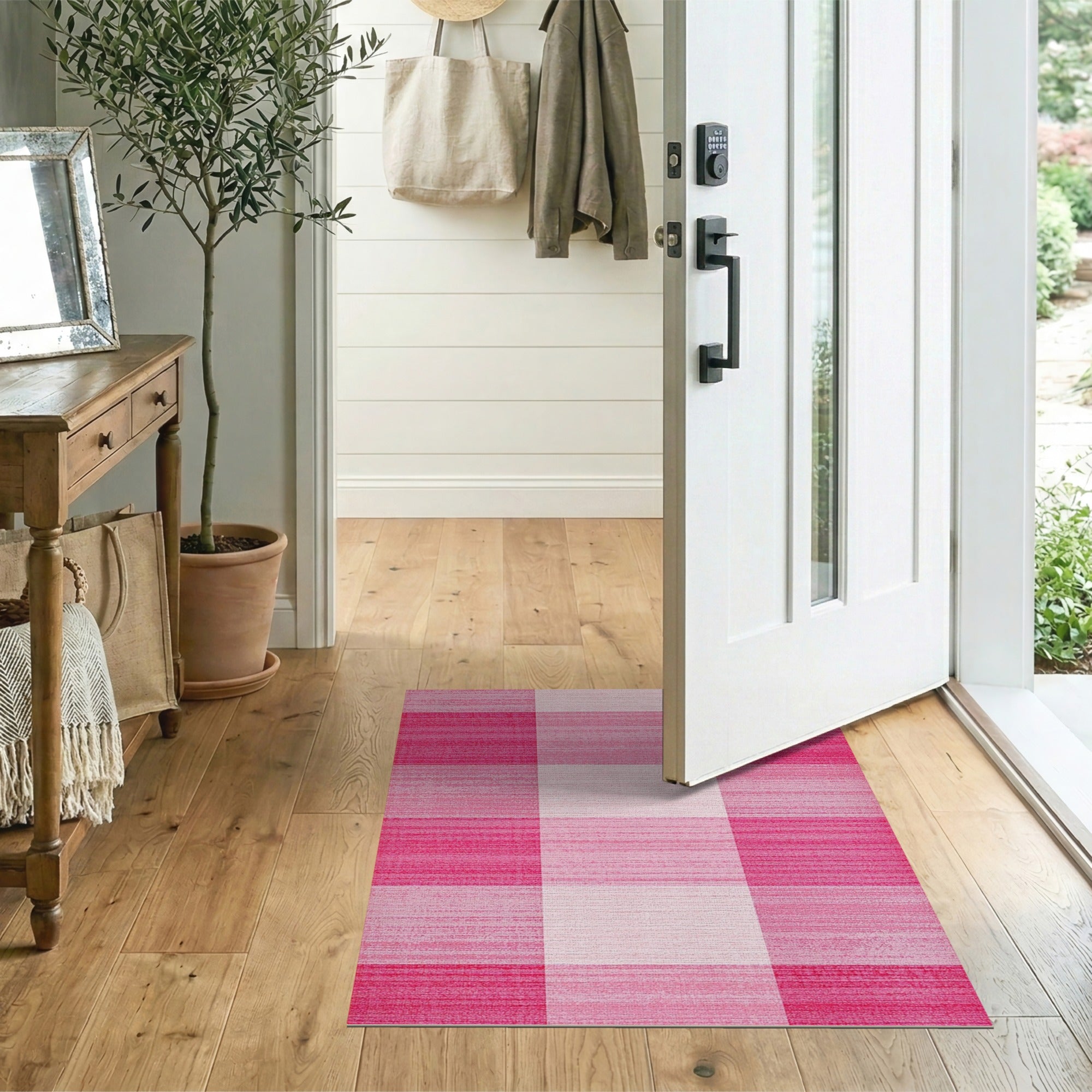Distressed Pink Gingham Check Area Rug