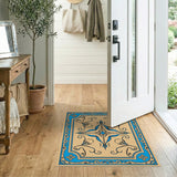 Ornate Blue Floral Border Beige Area Rug