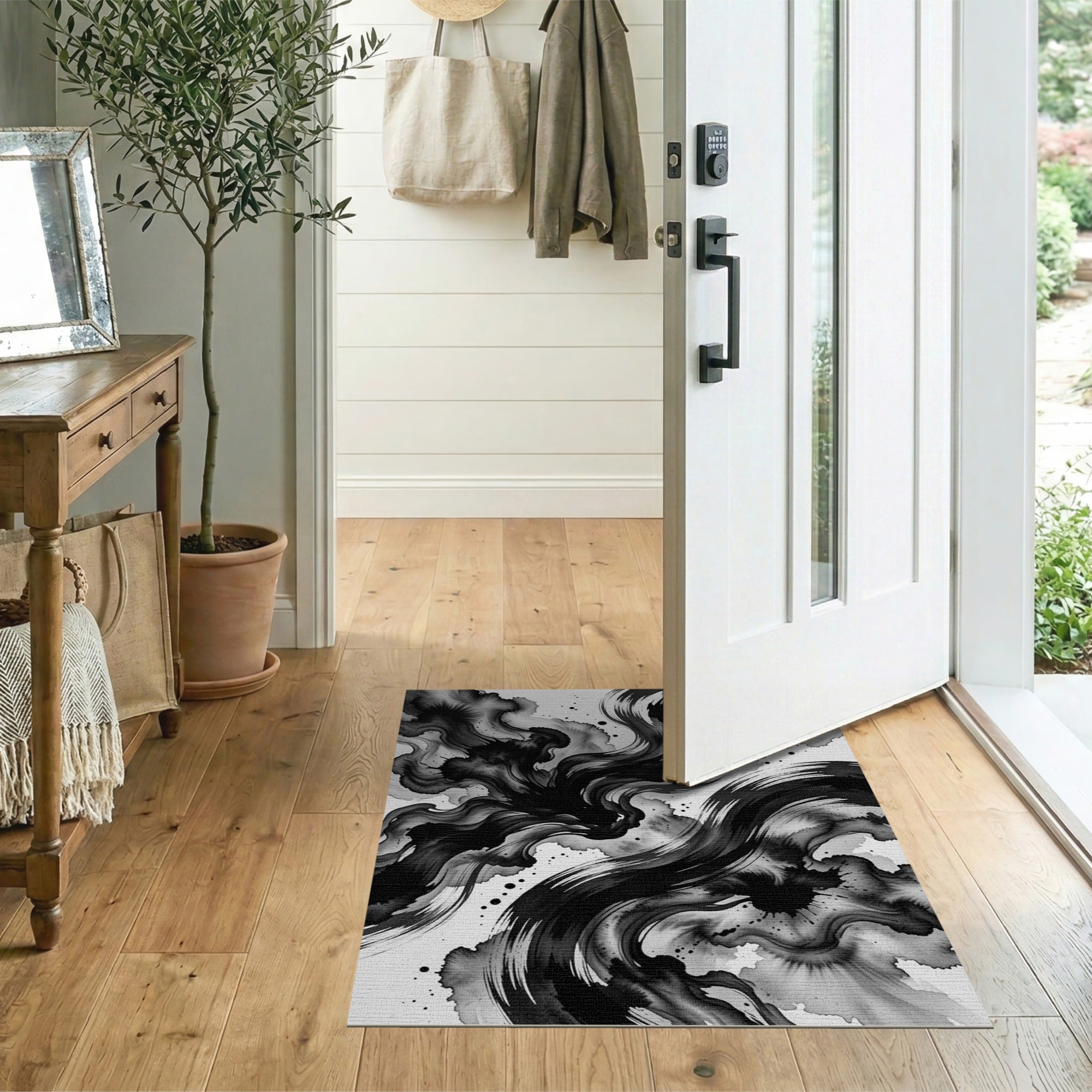 Black White Ink Flow Abstract Area Rug