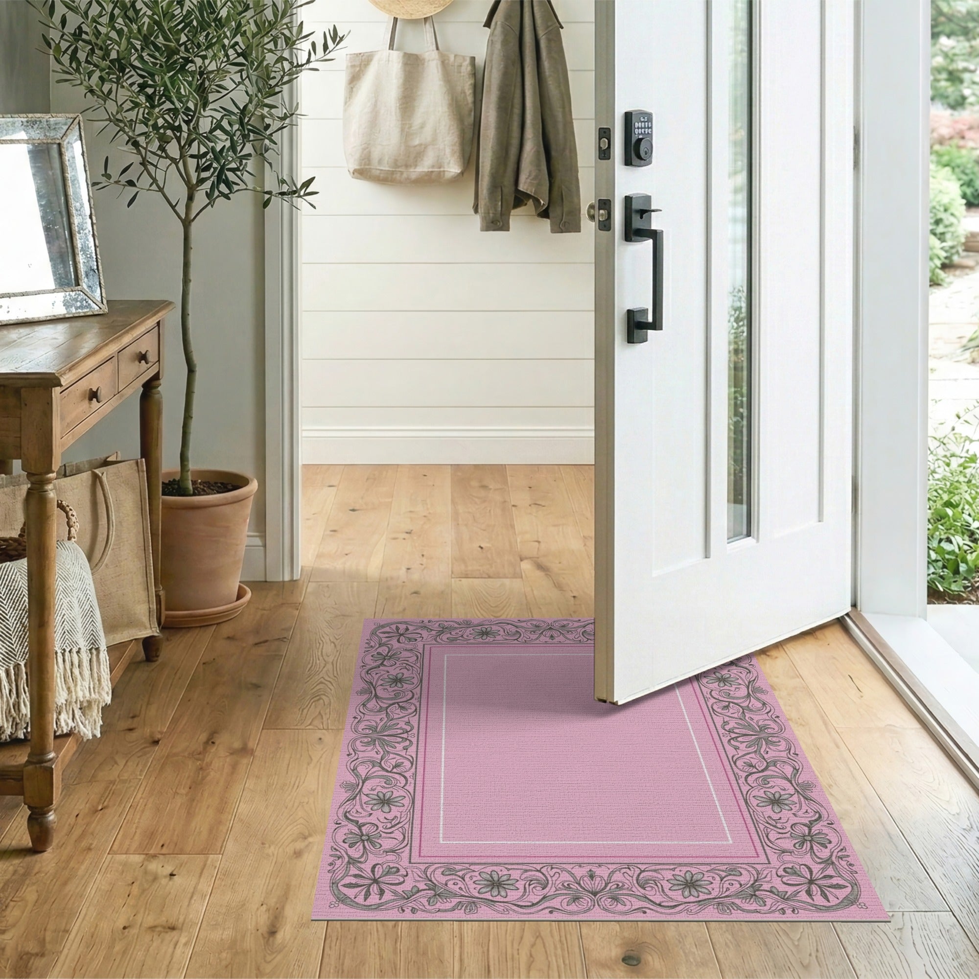 Floral Vintage Pink Elegant Pink Floral Ornate Border Rug