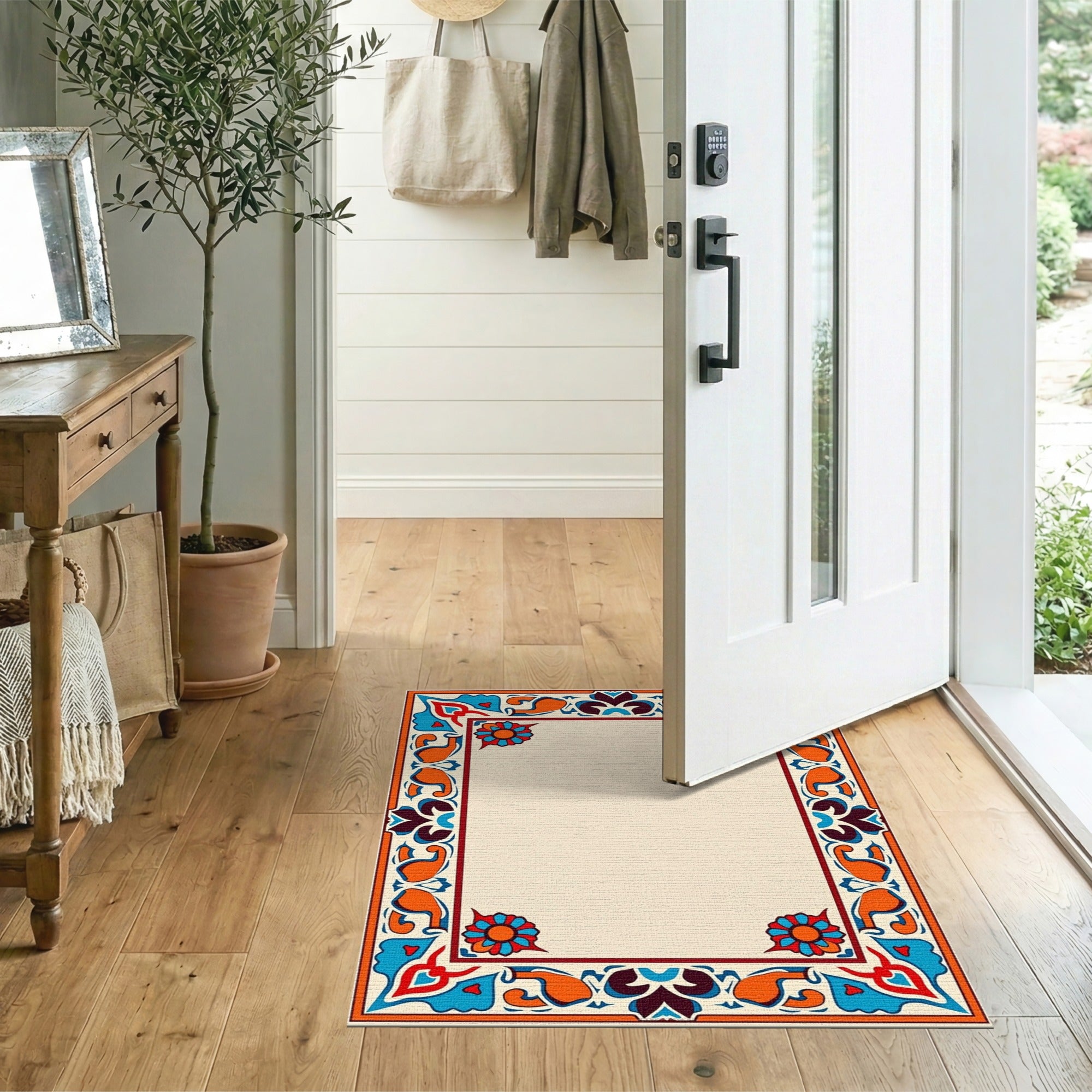 Vibrant Heritage Tribal Area Rug with Floral Corners