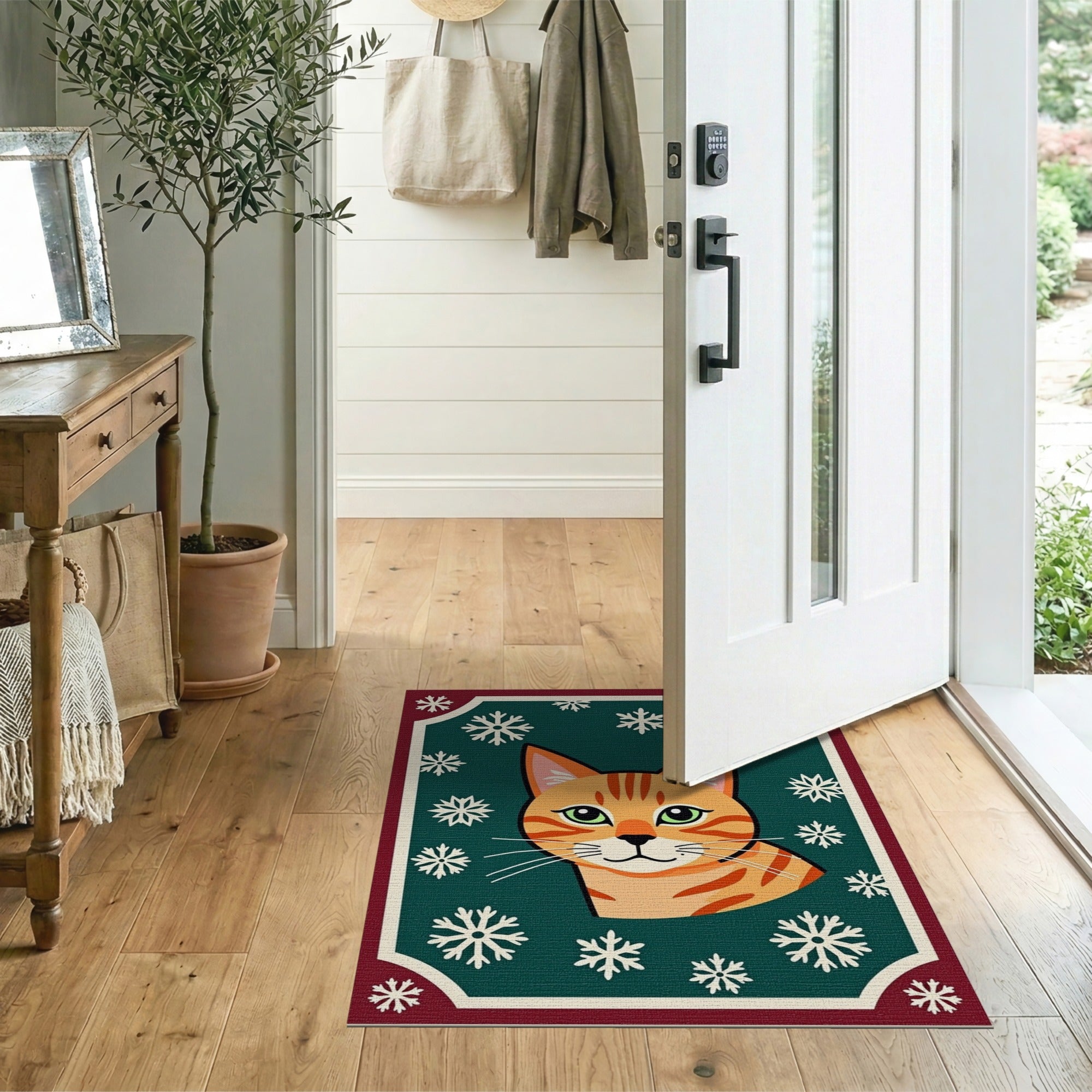 Festive Orange Tabby Cat Snowflakes Area Rug
