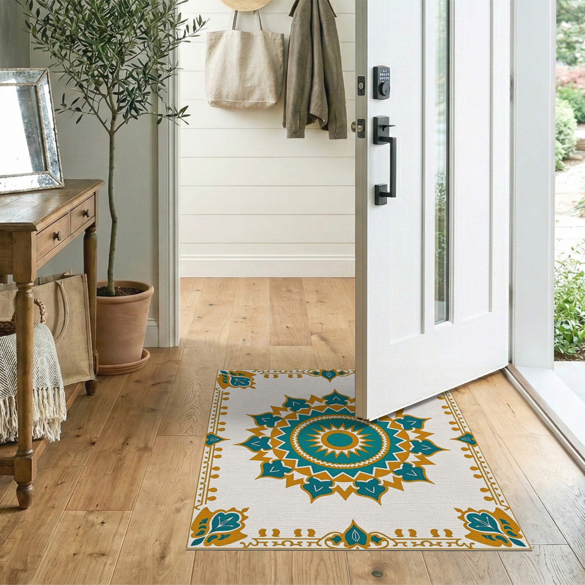 Blue and Teal Teal Gold Mandala Persian Area Rug
