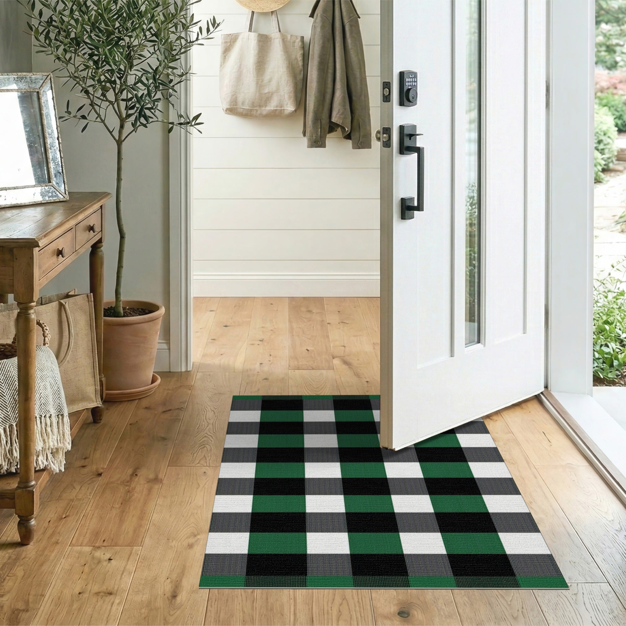 Rustic Farmhouse Bold Green Black Buffalo Check Area Rug