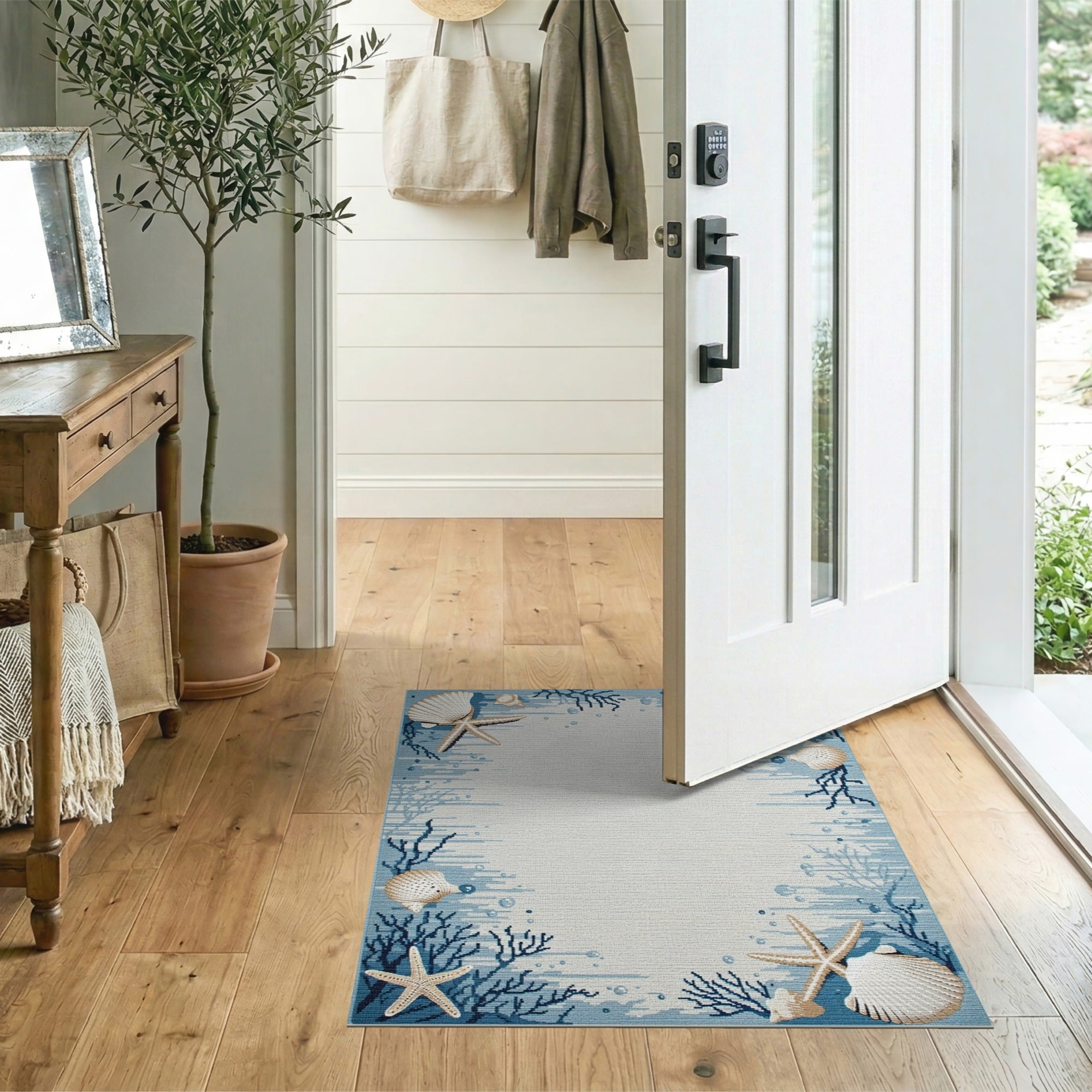 Blue and Teal Coastal Blue Seashell Starfish Area Rug