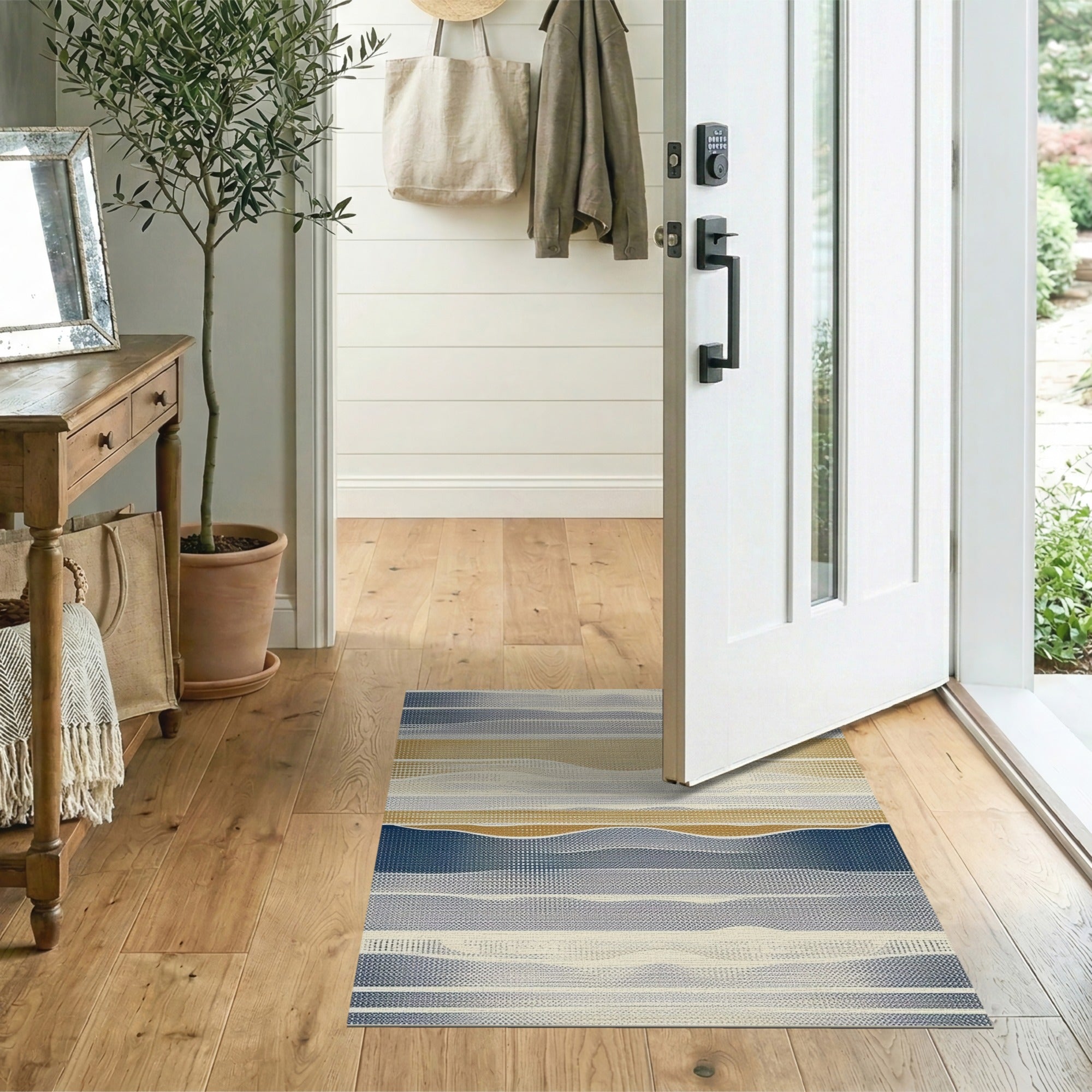 Abstract Wavy Blue Gold Area Rug