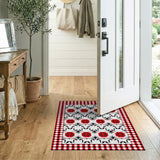 Red Tribal Sunburst Rug with Gingham Check Border