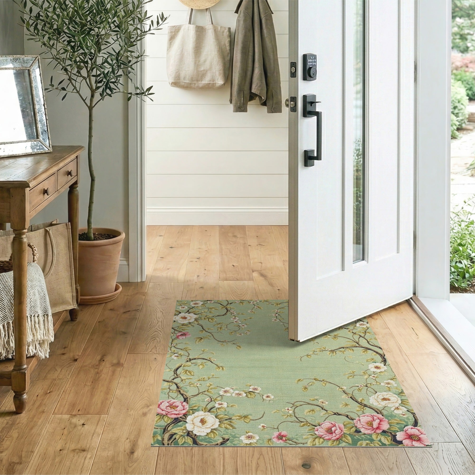 Pale Green Peony Branch Floral Rug