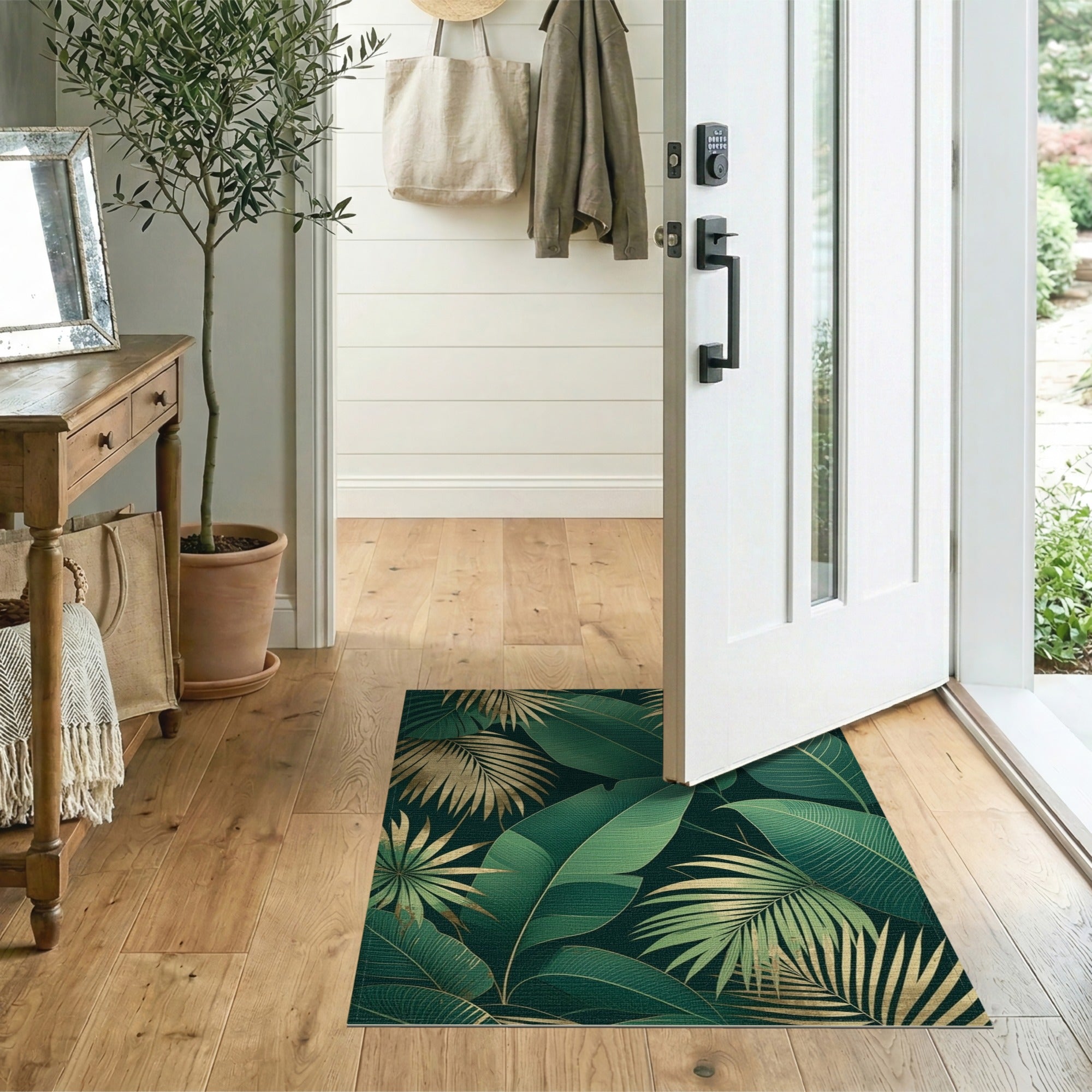Lush Green Gold Palm Leaf Washable Area Rug