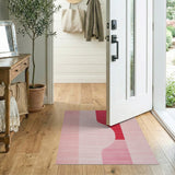 Modern Pink Stripe Rug with Bold Red Curve