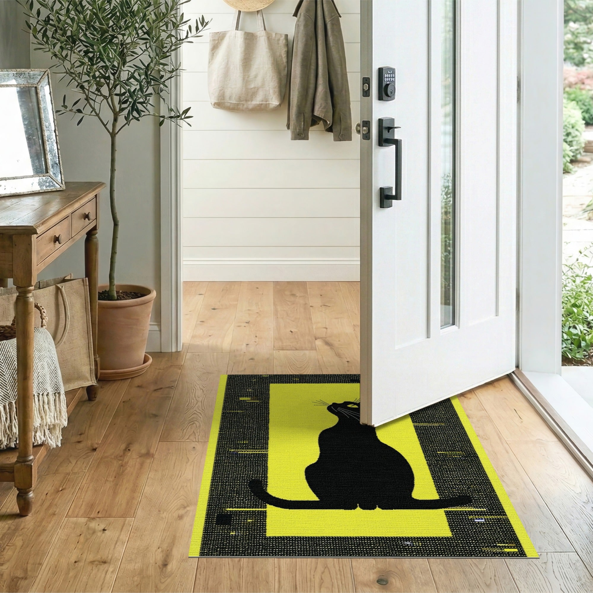 Black Cat Silhouette on Vibrant Yellow Area Rug