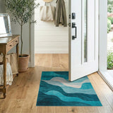 Geometric Modern Teal Blue Abstract Wave Area Rug
