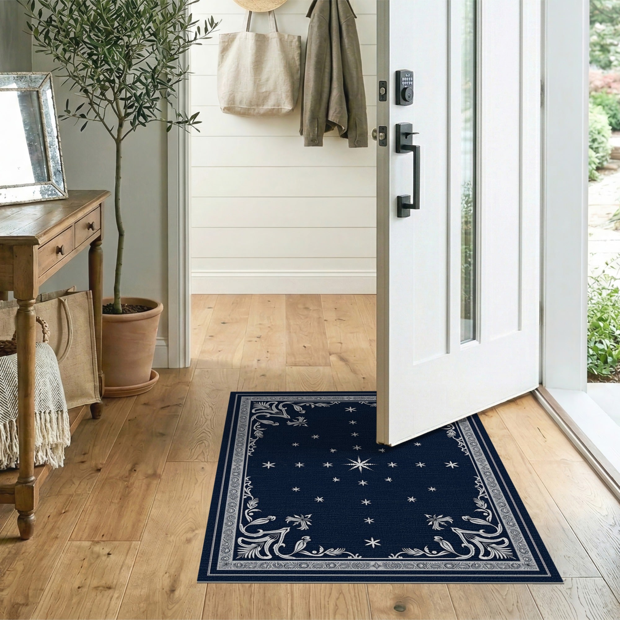 Starry Navy Area Rug with Ornate Floral Border