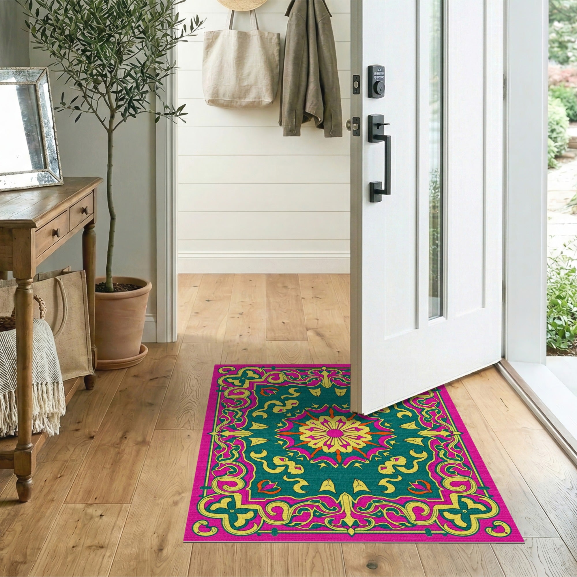 ODIKA Washable Bohemian Mandala Floral Area Rug - Pink & Teal Low Pile Non-Slip Rug