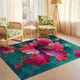 ODIKA Tropical Pink Hibiscus Washable Low Pile Area Rug - Non-Slip & Pet Friendly