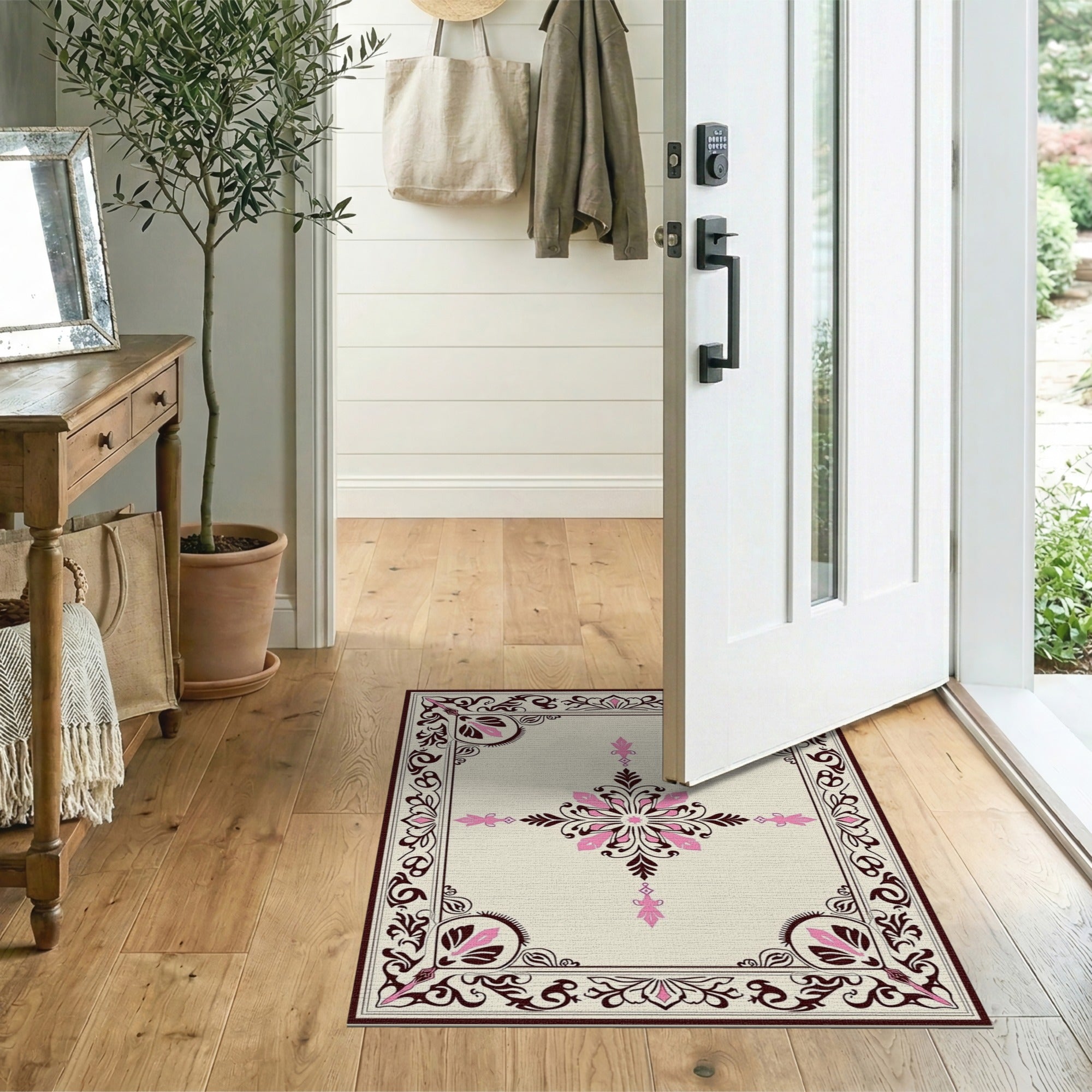 Pink Floral Vintage Ornate Pink Floral Border Area Rug