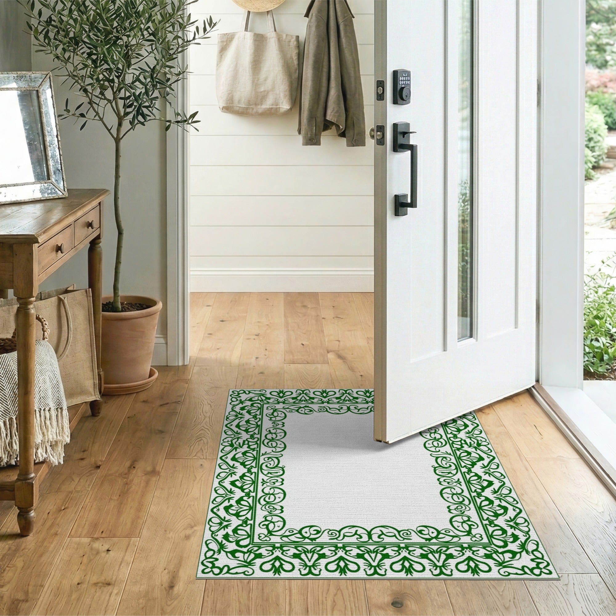 Floral Vintage Green Ornate Green Floral Border Area Rug