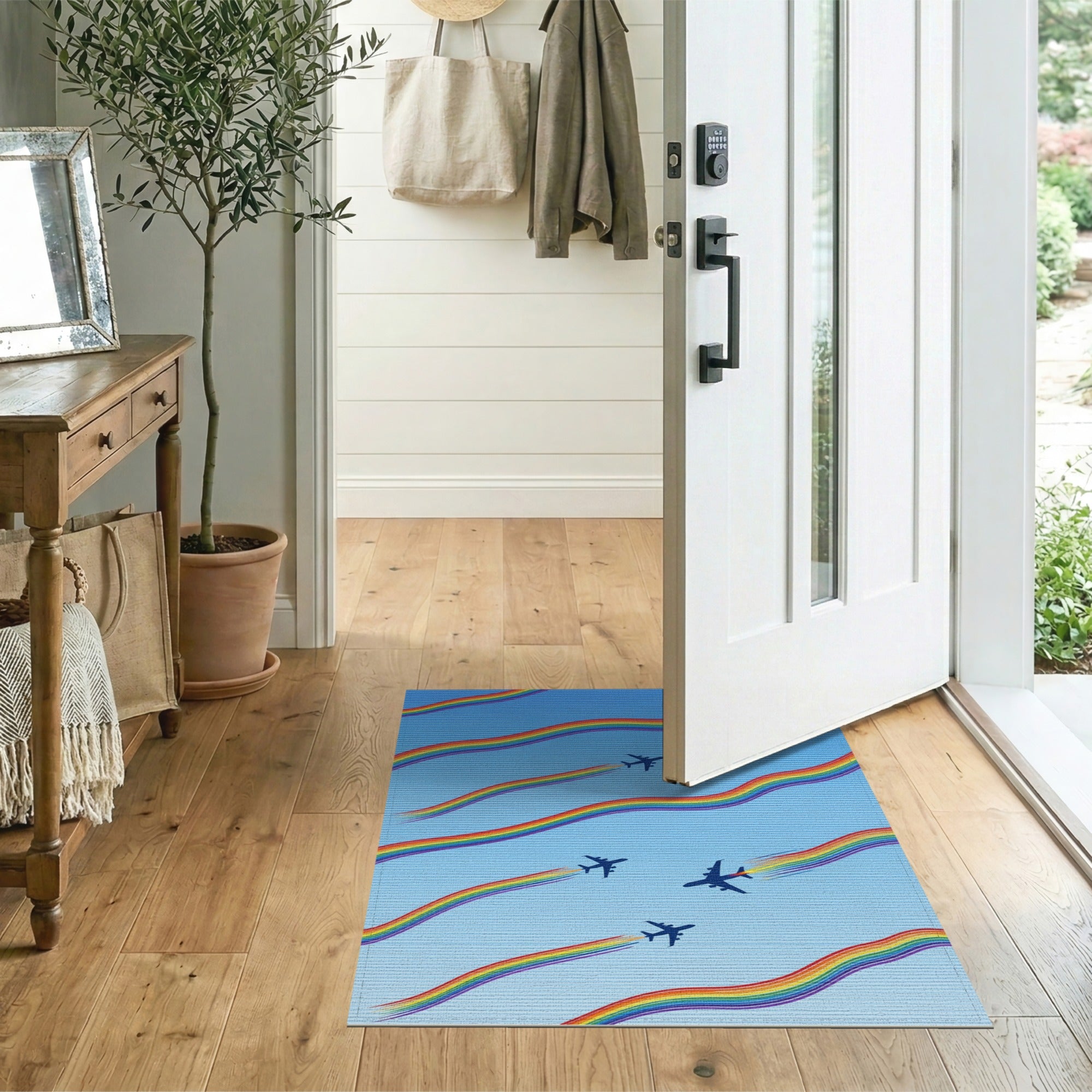 Rainbow Airplane Trails Washable Area Rug