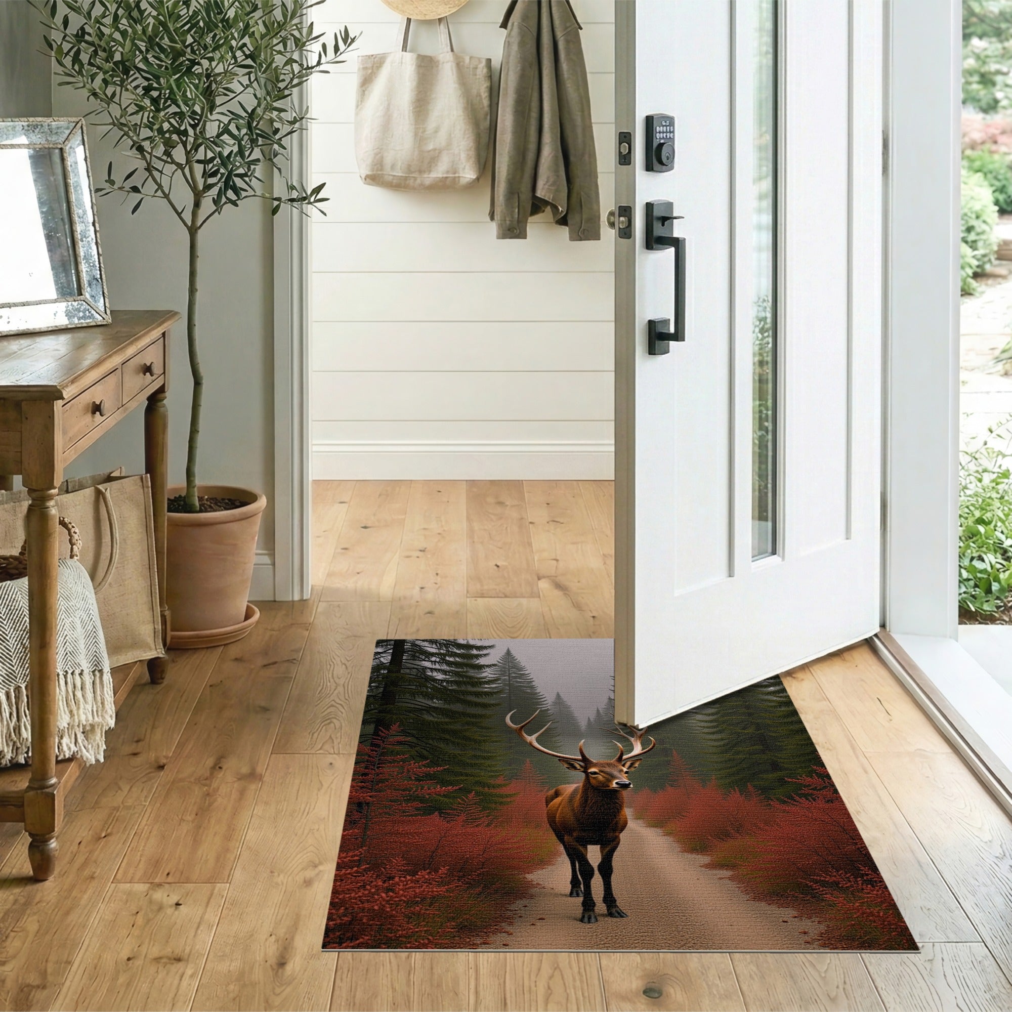 Majestic Red Deer in Misty Forest Area Rug
