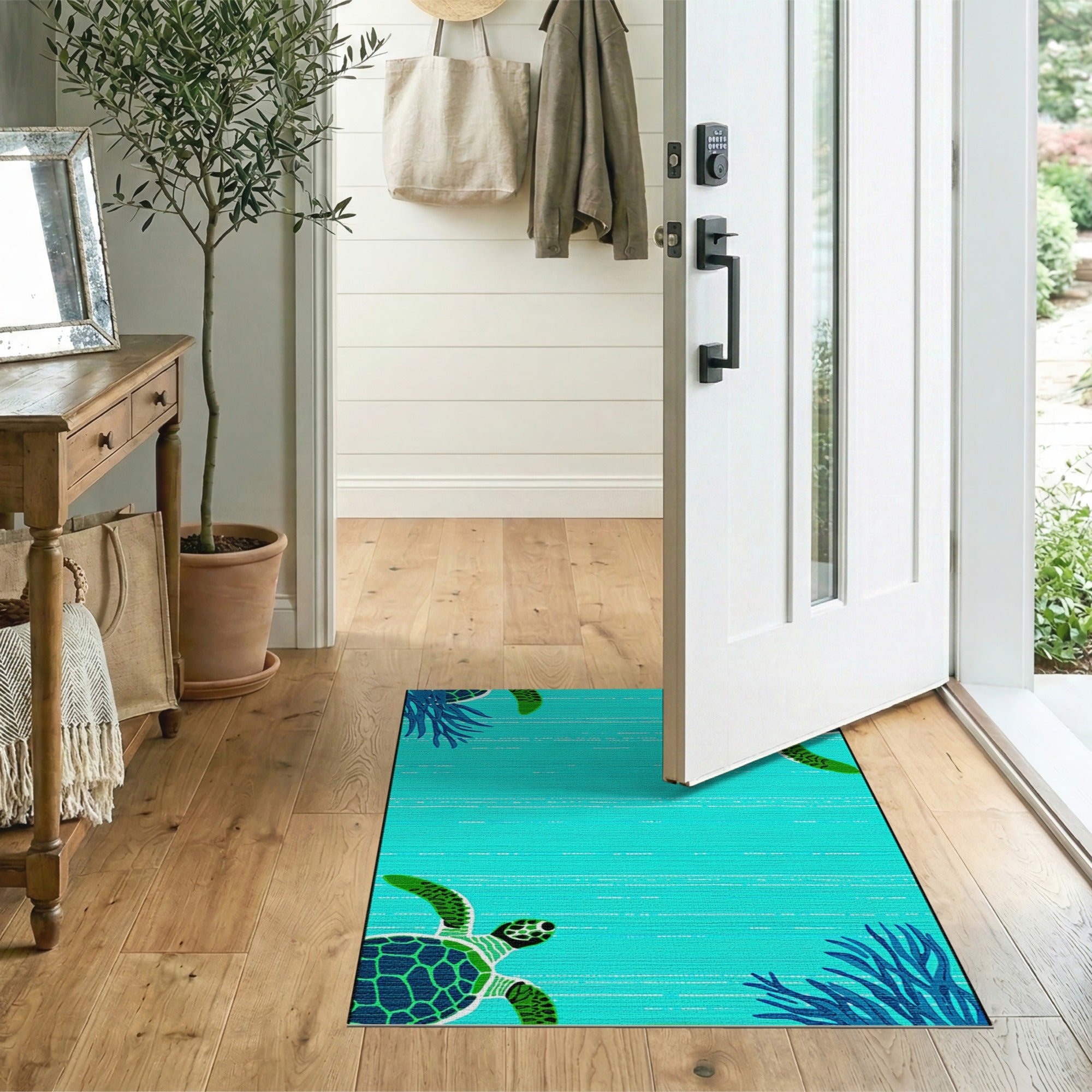 Coastal Beach Teal Sea Turtle Coastal Area Rug
