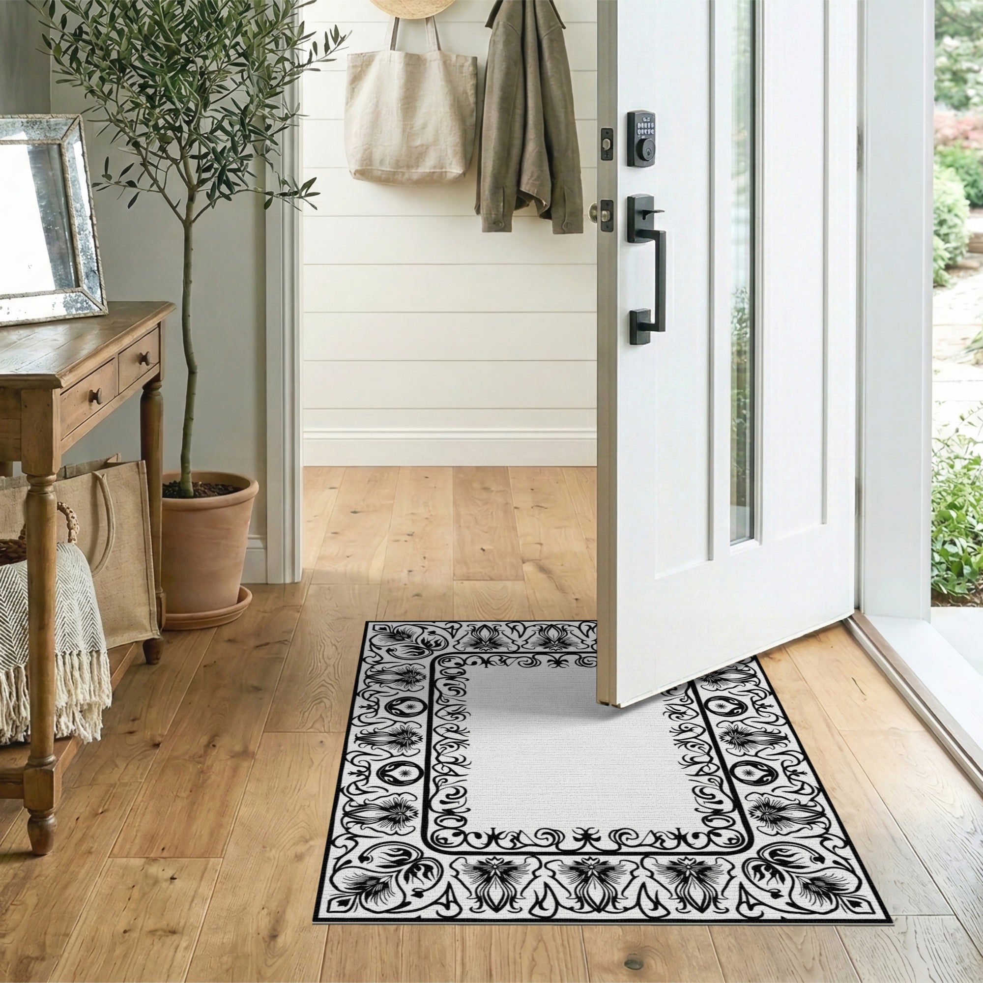 Ornate Black White Persian Border Black and White Area Rug