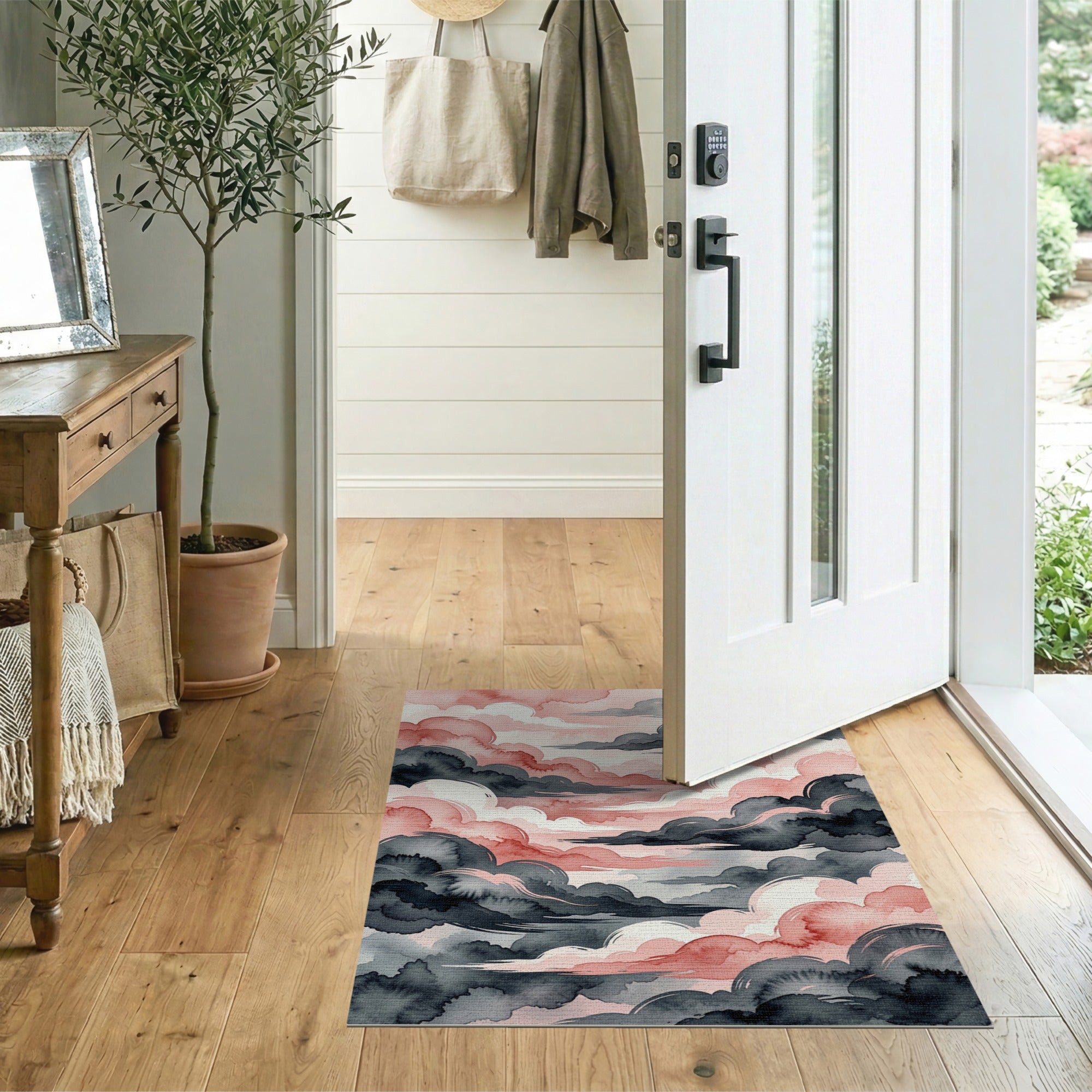 Dreamy Pink Grey Watercolor Clouds Area Rug