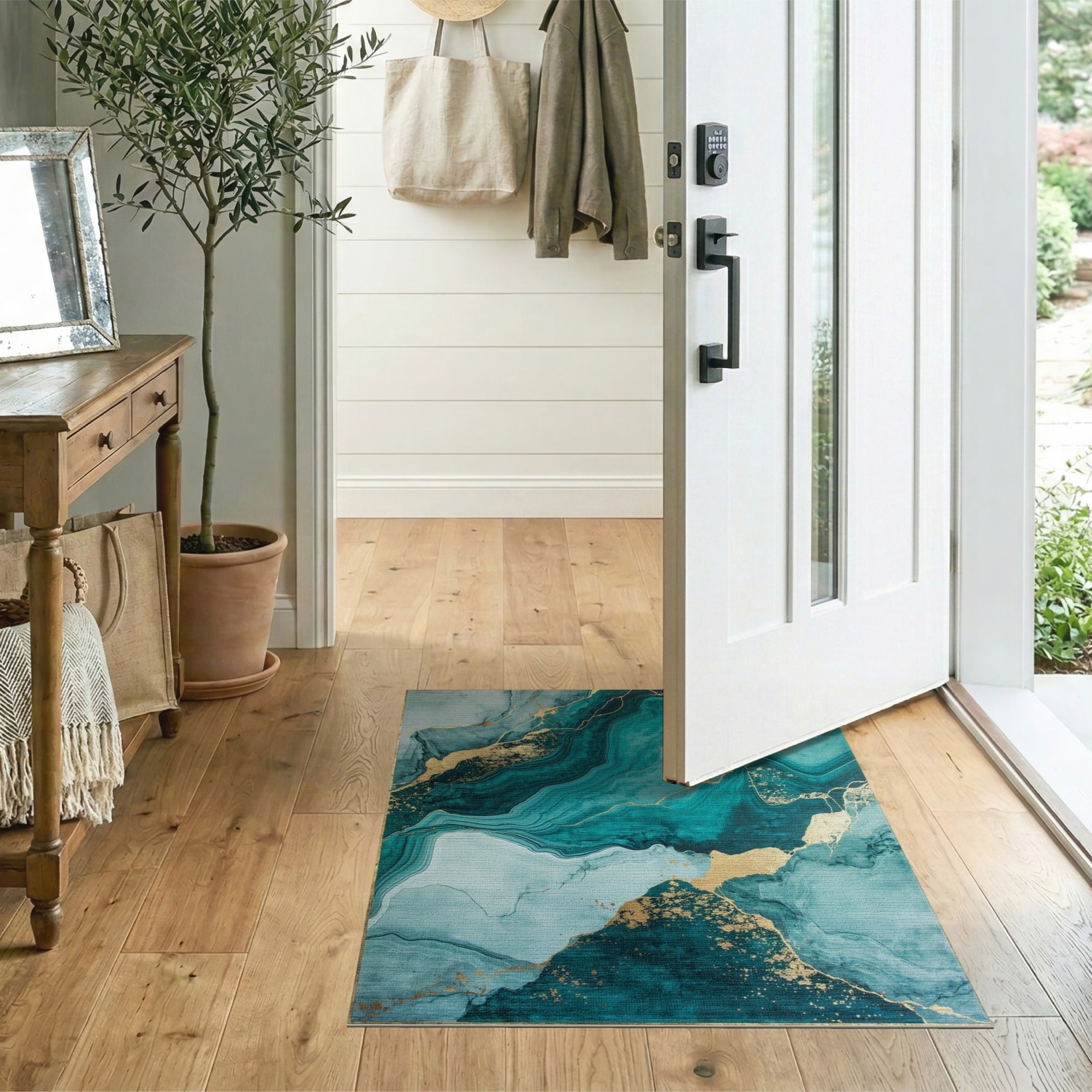 Teal Marble Gold Vein Abstract Area Rug