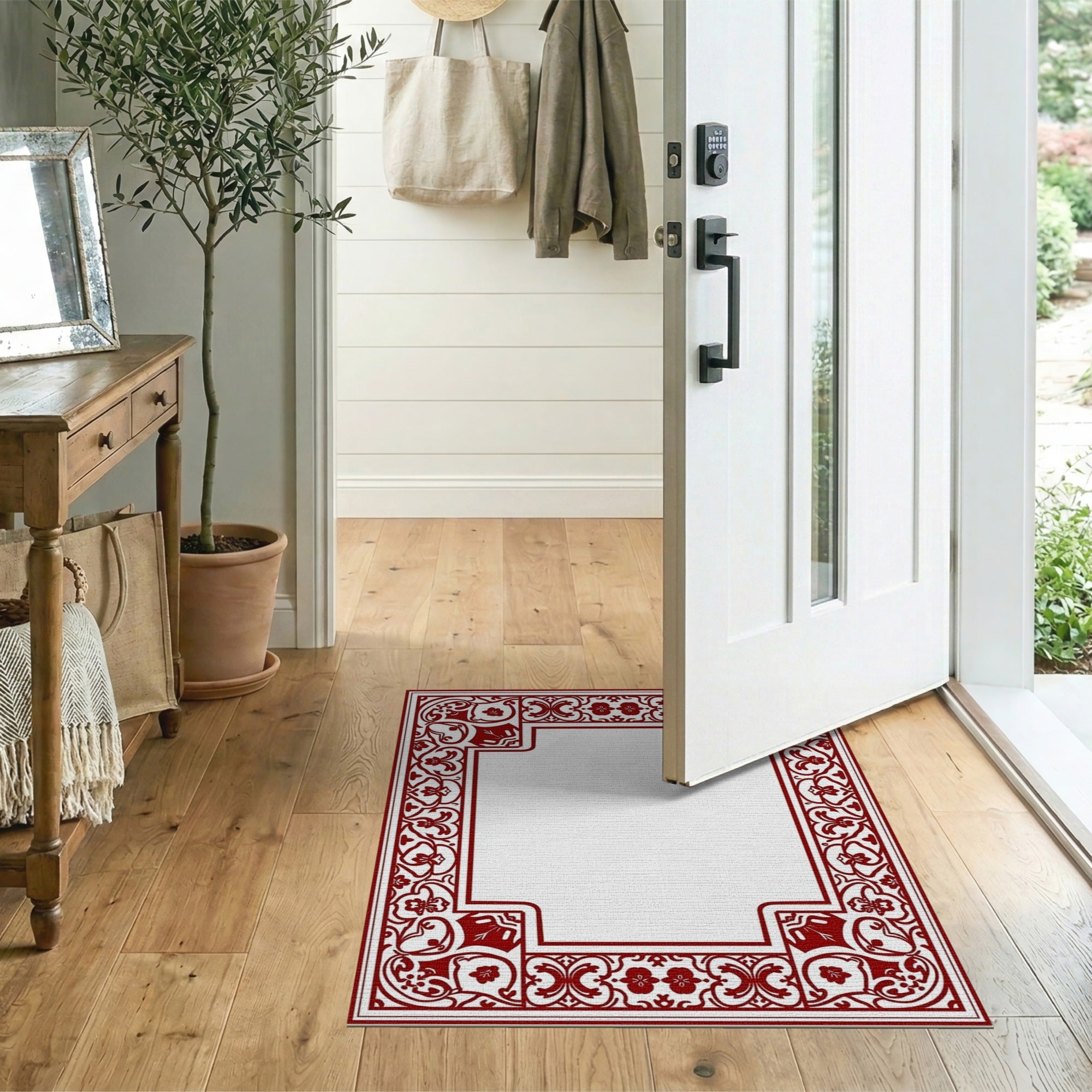 Floral Vintage Red Red Ornate Floral Border Area Rug