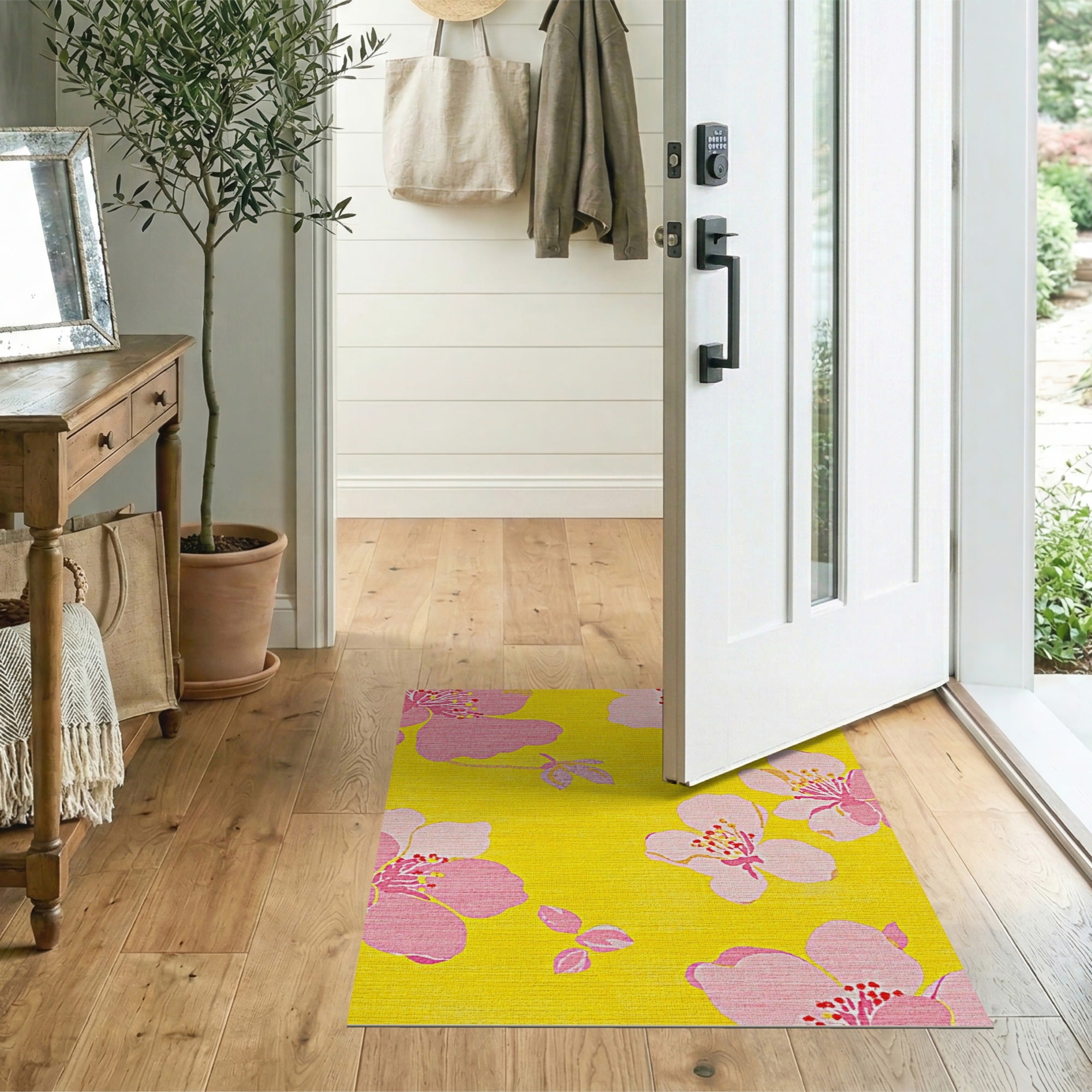 Sunny Yellow Pink Hibiscus Floral Area Rug