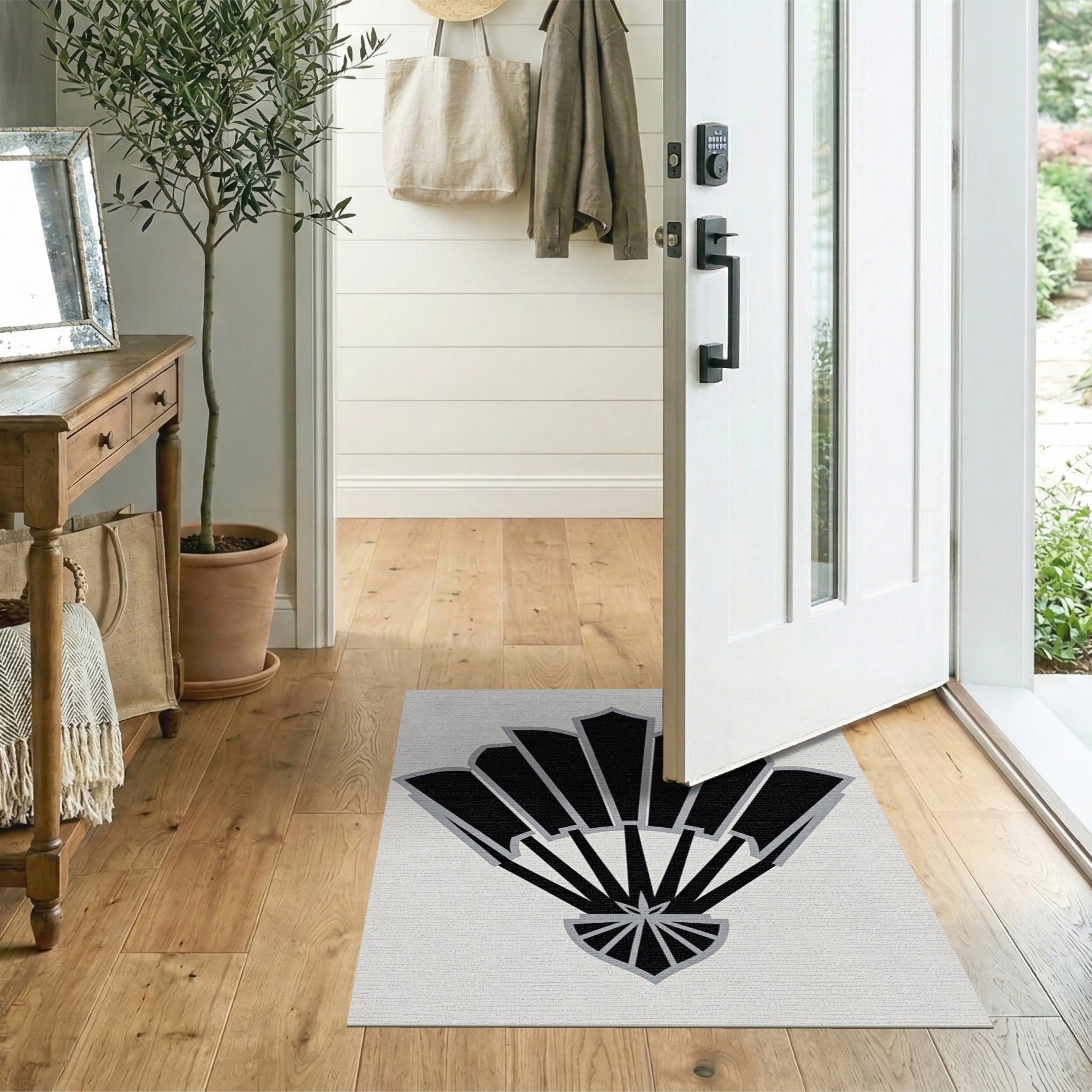 Black White Art Deco Fan Geometric Area Rug