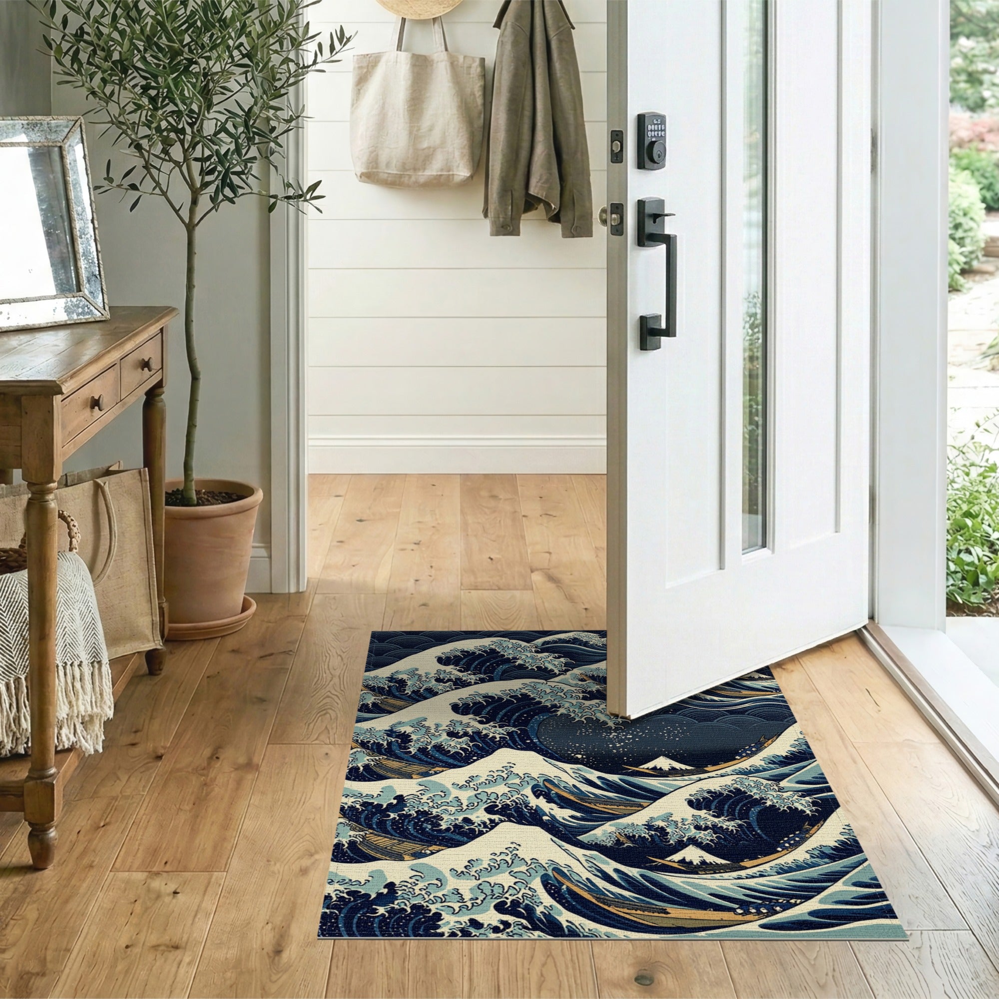 Coastal Beach Blue and Teal Blue Wave Coastal Area Rug