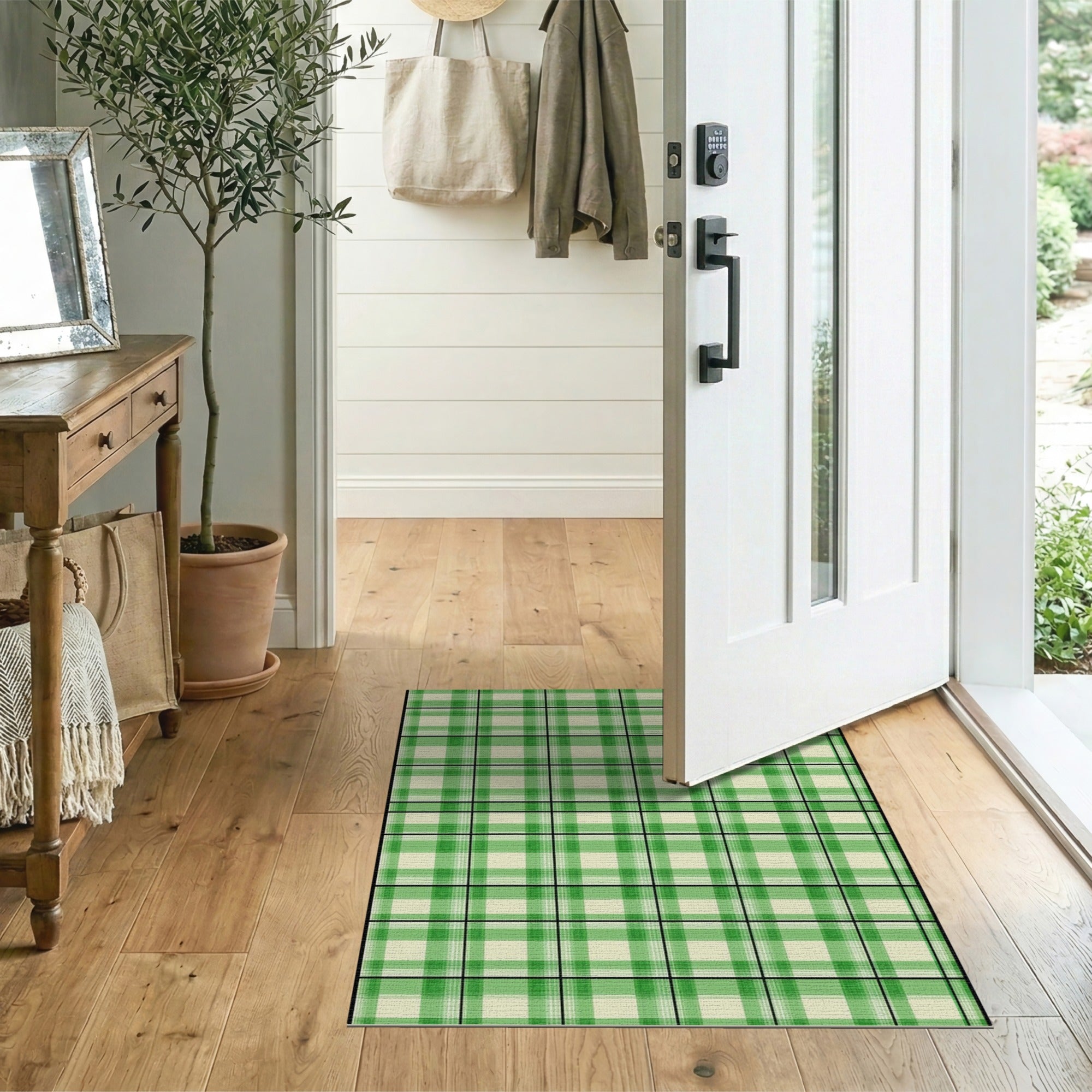Rustic Farmhouse Green Green Gingham Checkered Area Rug