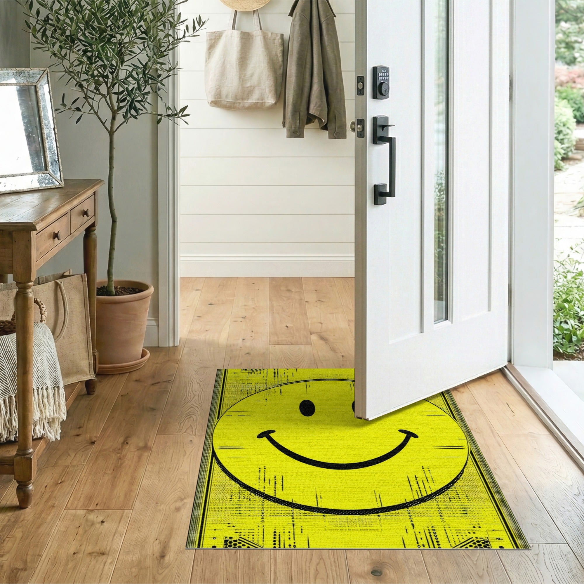 Glitchy Yellow Smiley Face Area Rug