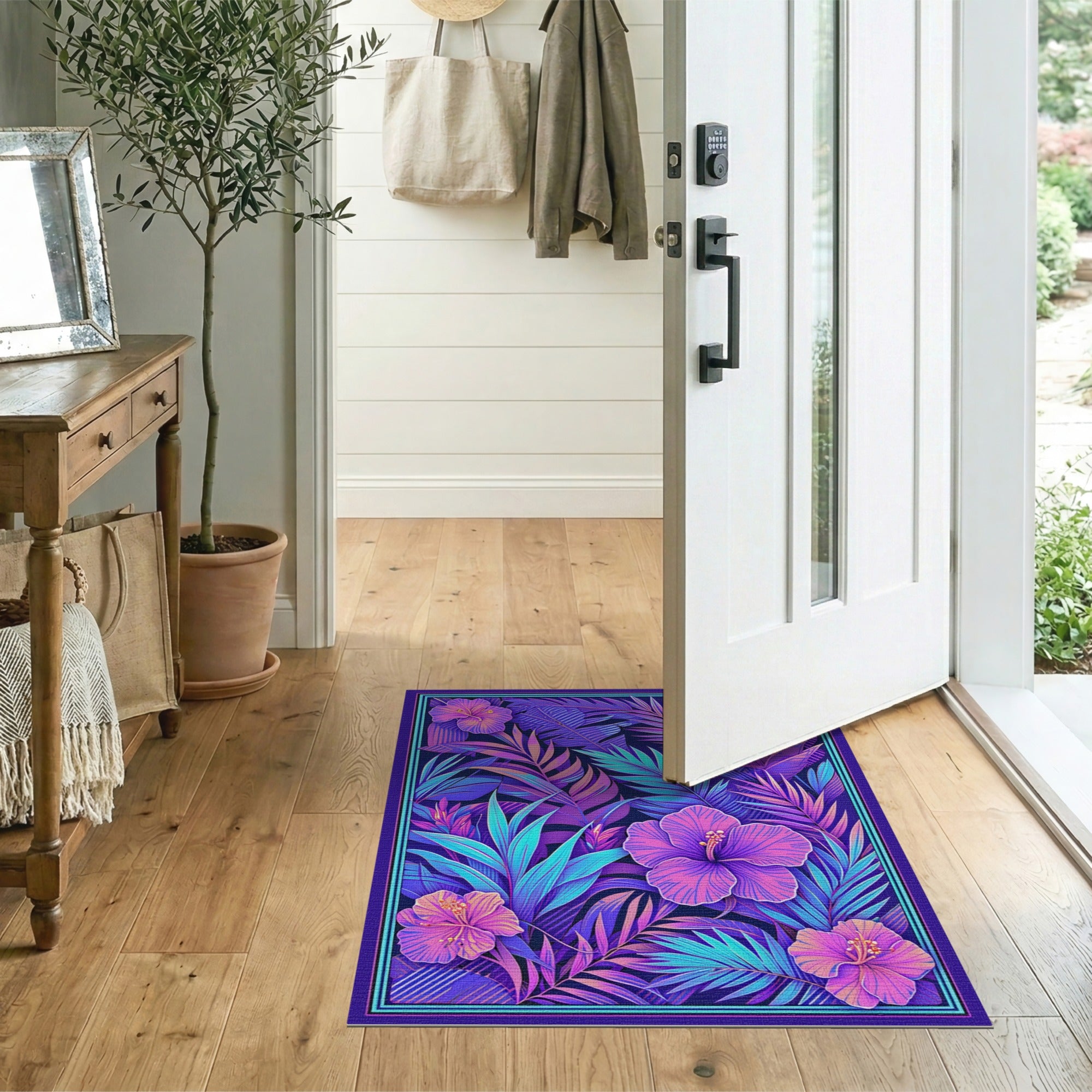 Washable Neon Tropical Floral Area Rug - Low Pile, Non-Slip & Pet Friendly