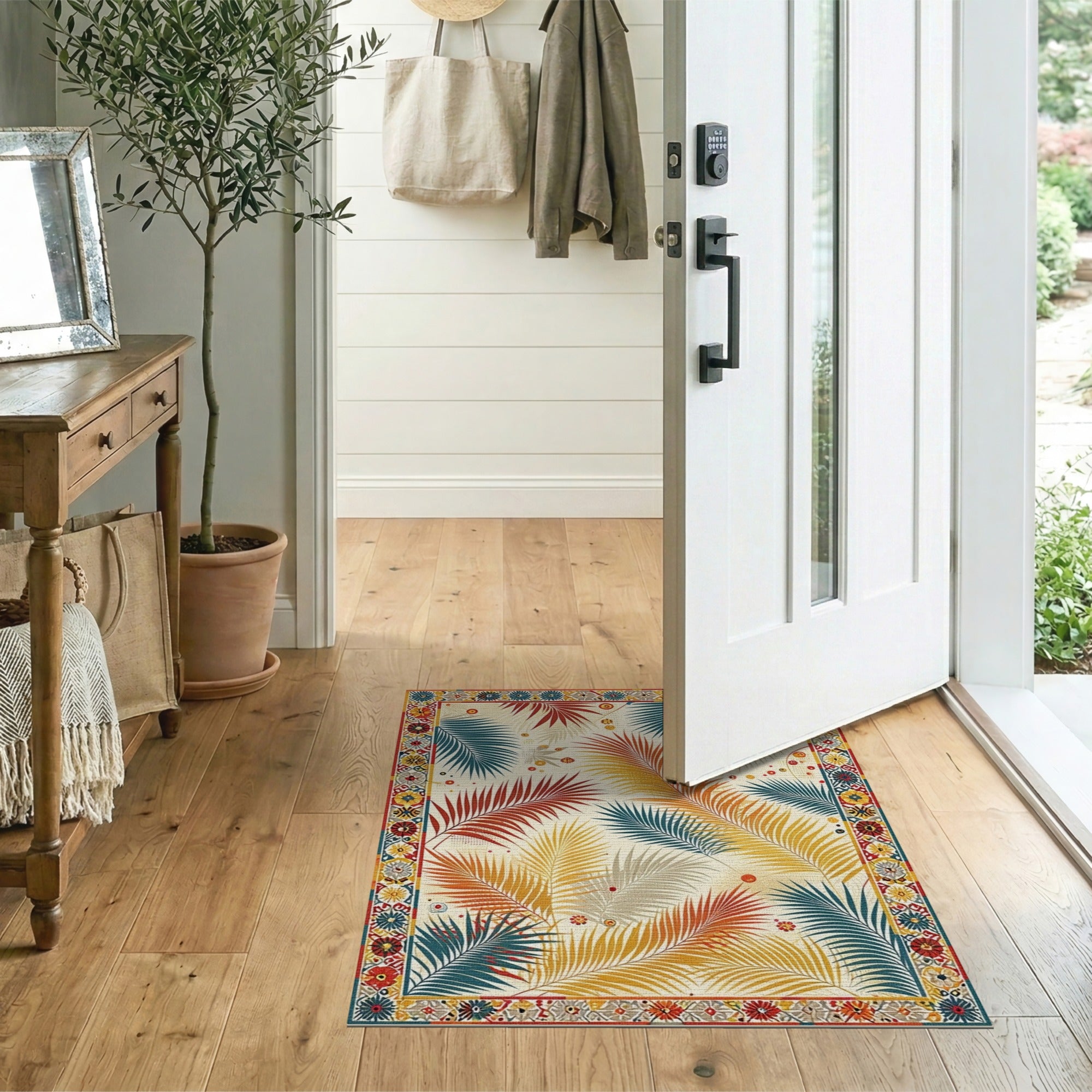 ODIKA Tropical Palm Leaf Washable Area Rug - Low Pile Boho Multi-Color Non-Slip Carpet