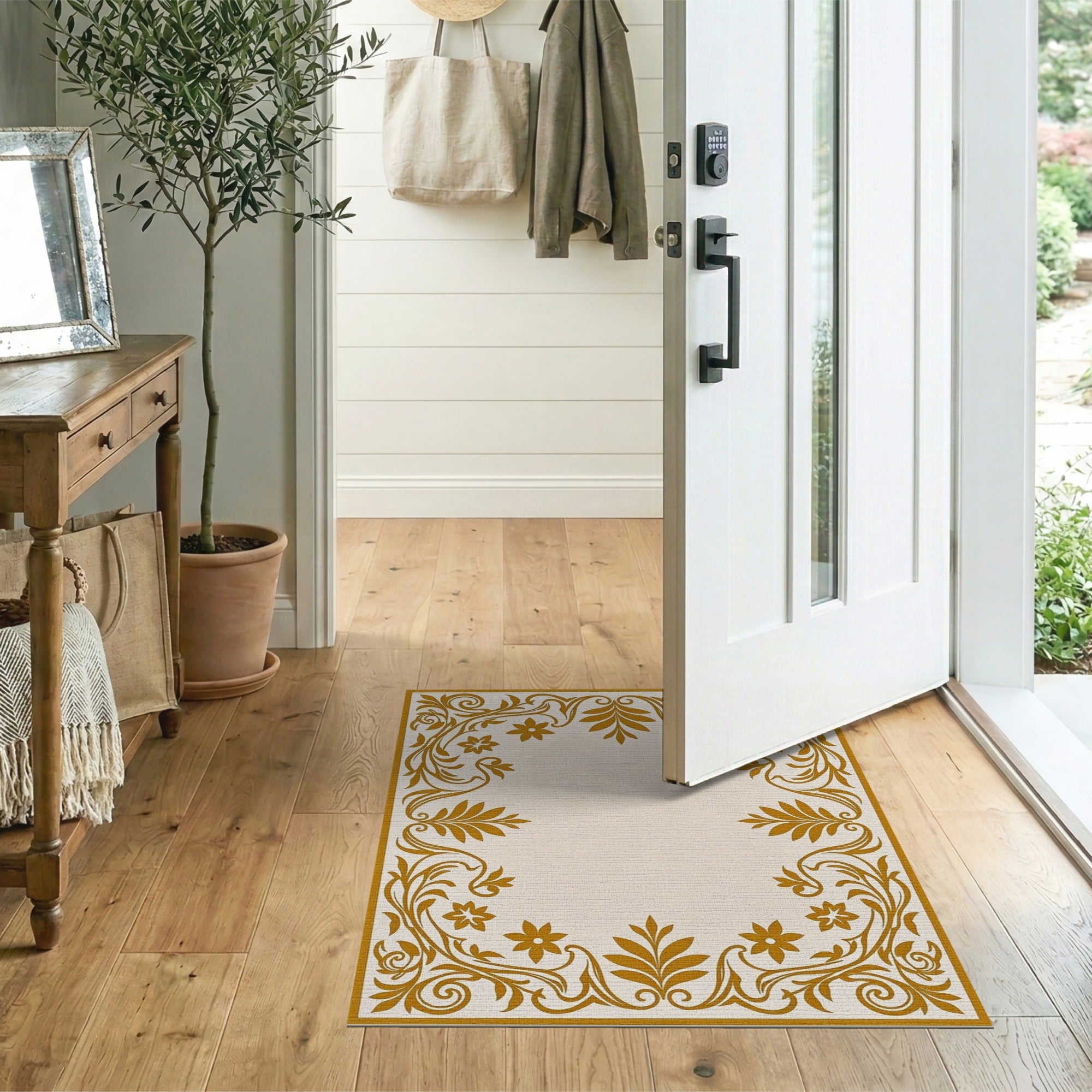 Floral Vintage Gold and Silver Ornate Gold Floral Border Area Rug