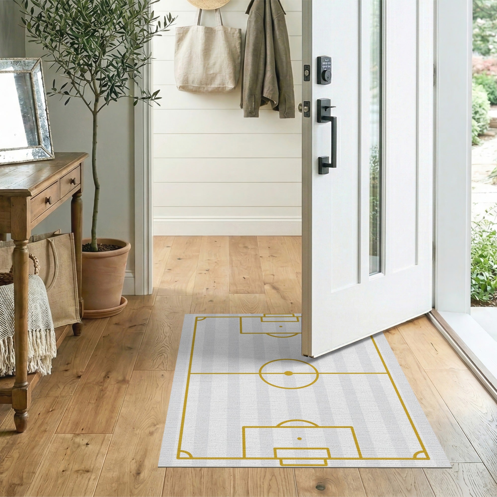 Golden Soccer Field Outline Area Rug