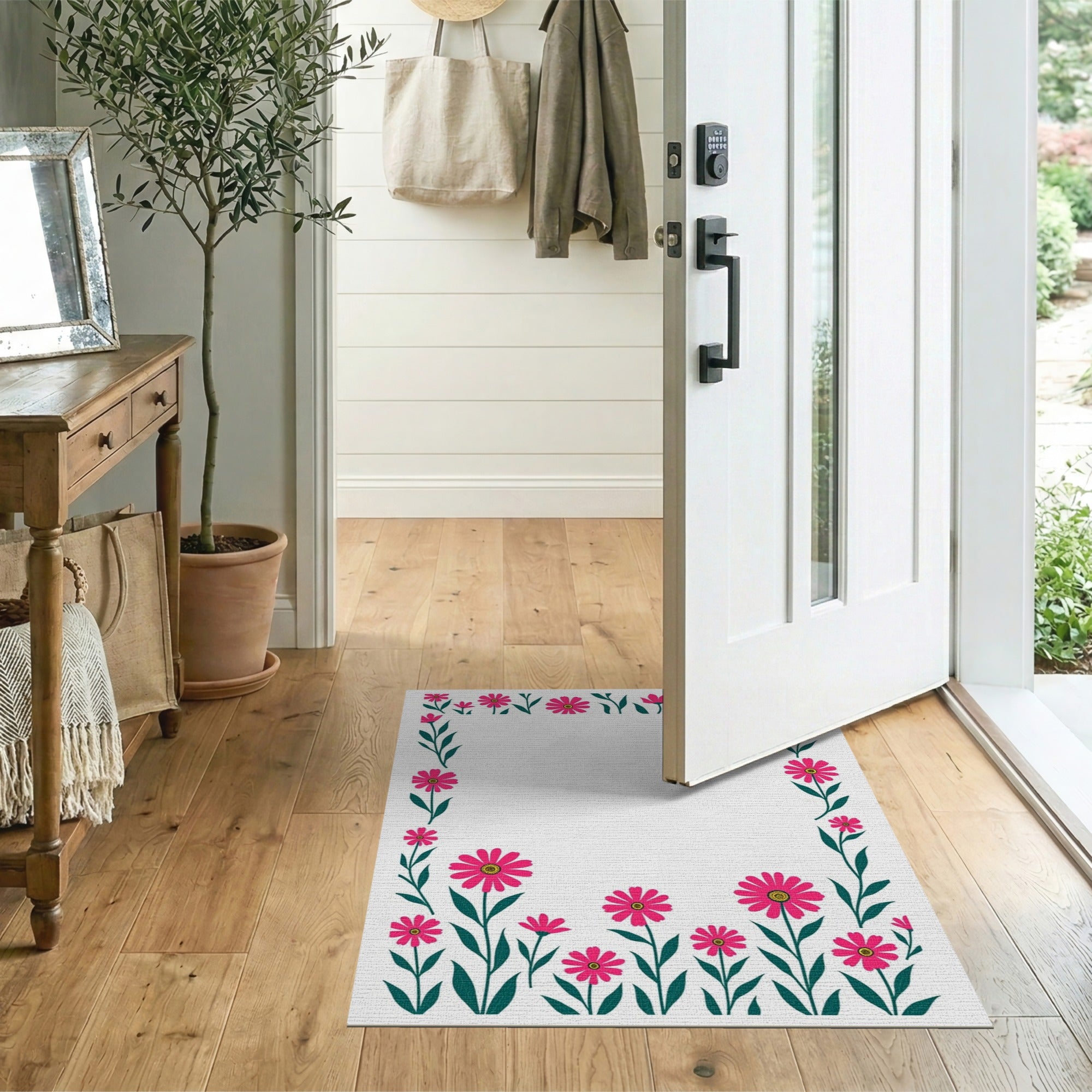 Floral Vintage Pink Daisy Floral Border Area Rug